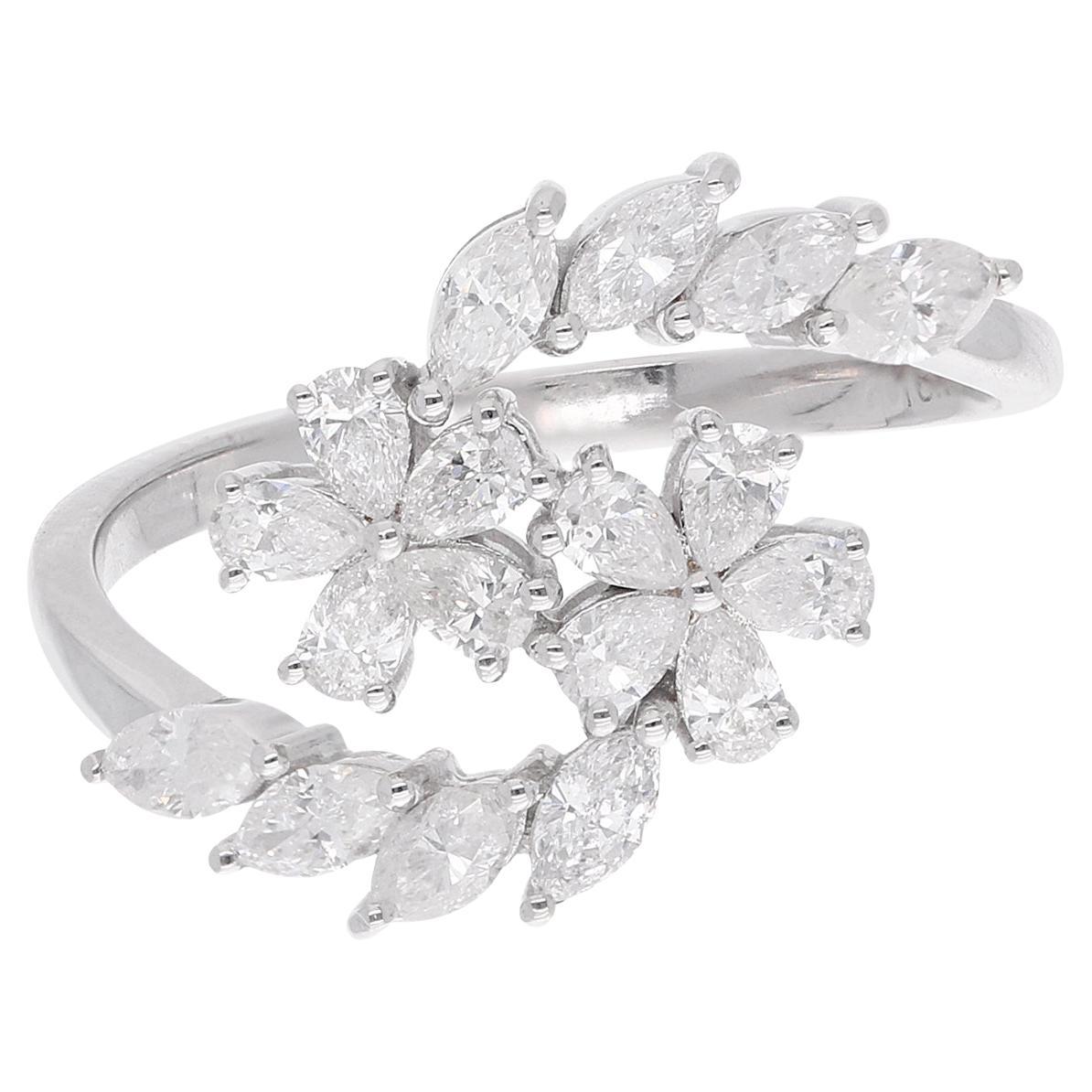 1 Carat Pear & Marquise Diamond Flower Ring 14 Karat White Gold Fine Jewelry