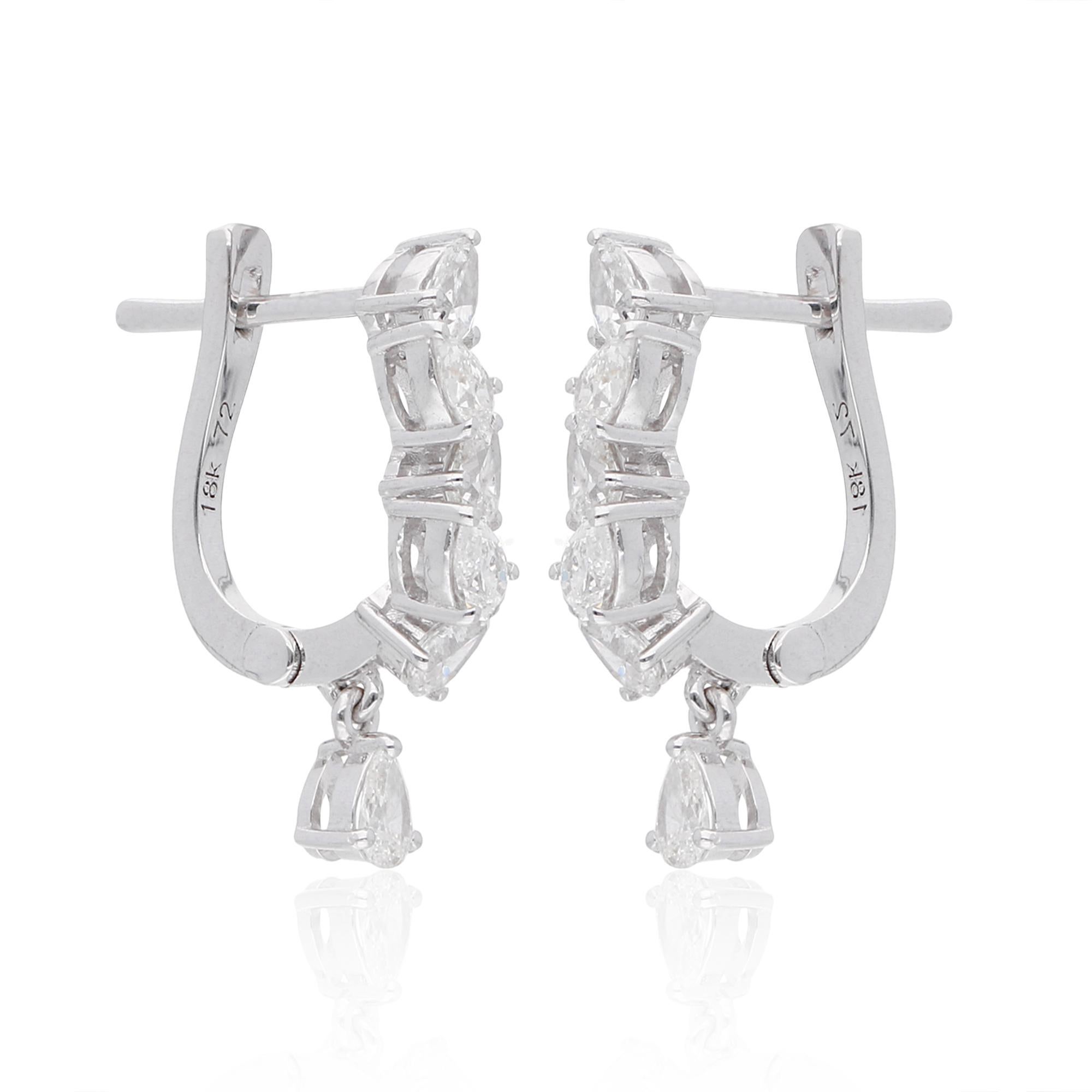 Women's 1 Carat Pear Shape Diamond Hoop Earrings 14 Karat White Gold Handmade Jewelry For Sale