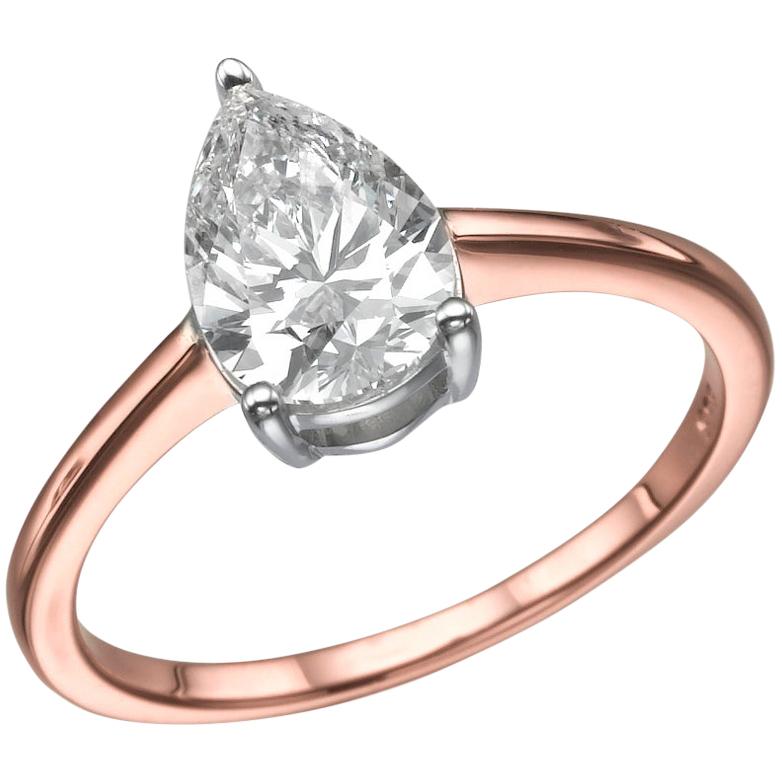 1 Carat Pear Shape Diamond Ring, 18 Karat Rose Gold Solitaire Engagement Ring