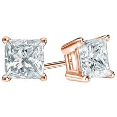 1 Carat Princess Brilliant Cut Diamond Stud Earrings 18 Karat White Gold Setting