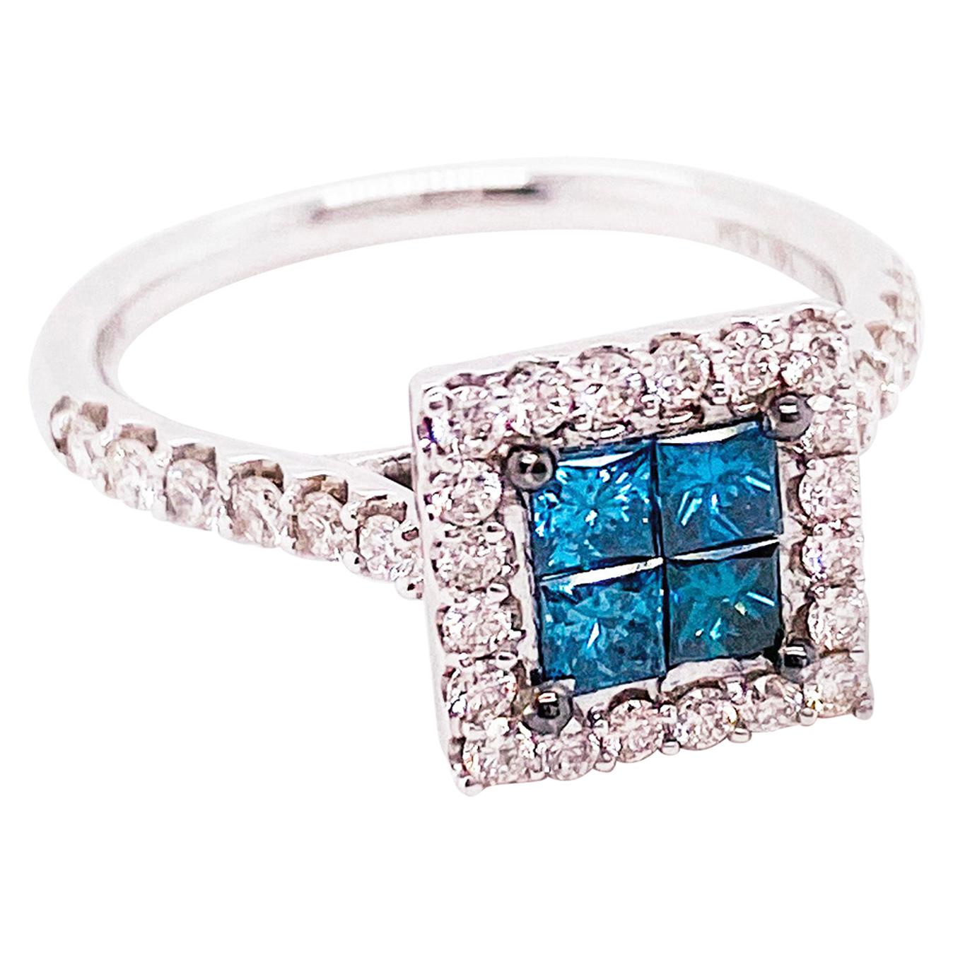 1 Carat Princess Cut Blue Diamond and Diamond Halo Ring 14 Karat White Gold