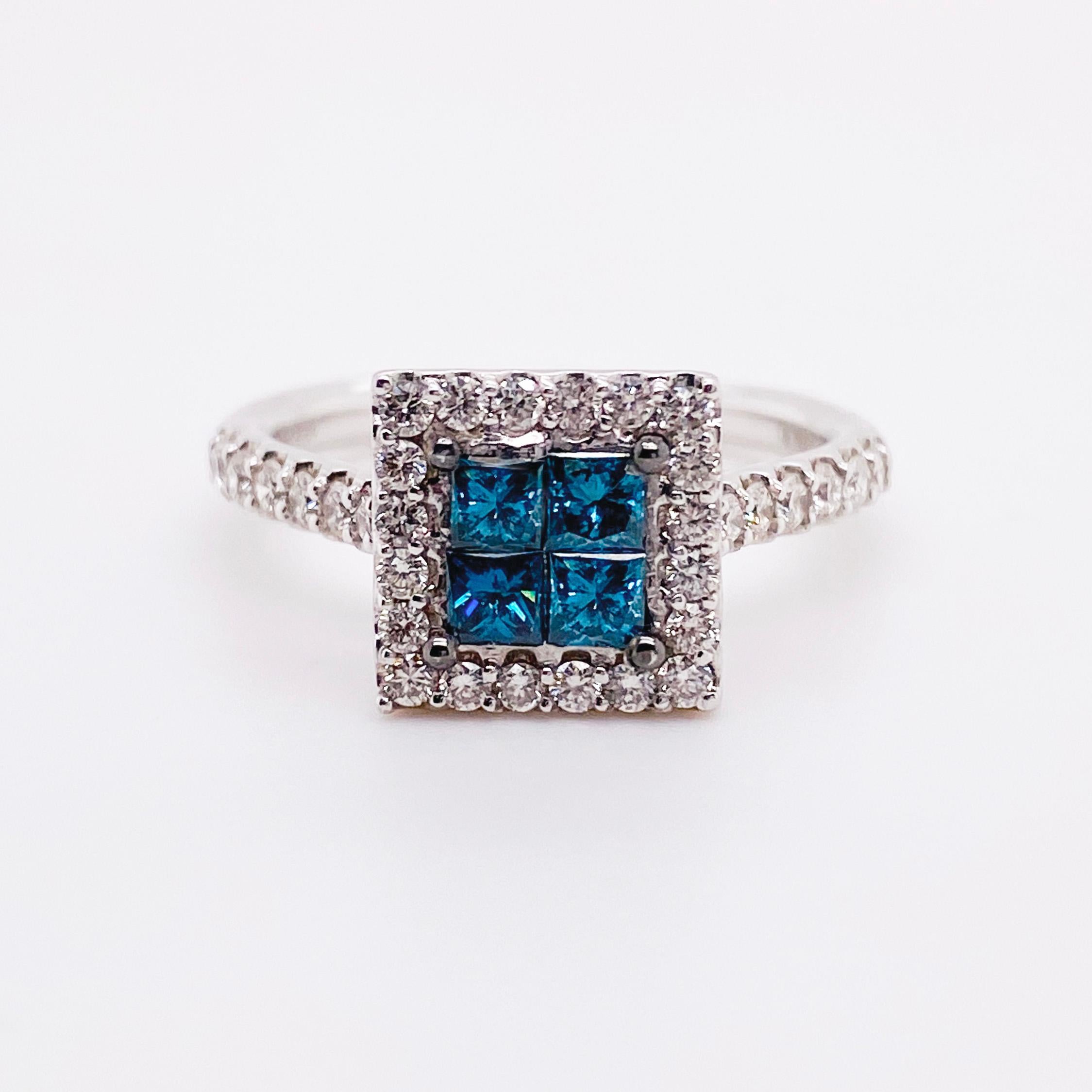 Ocean blue diamond and bright white diamond engagement ring. 
This one of a kind engagement ring you've been wanting. With ocean blue genuine diamonds cut in perfectly shaped princess cuts. The alluring blue diamonds are framed by a bright white