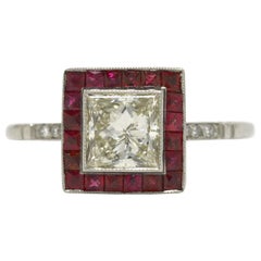 1 Carat Princess Cut Diamond Ruby Halo Art Deco Style Platinum Engagement Ring