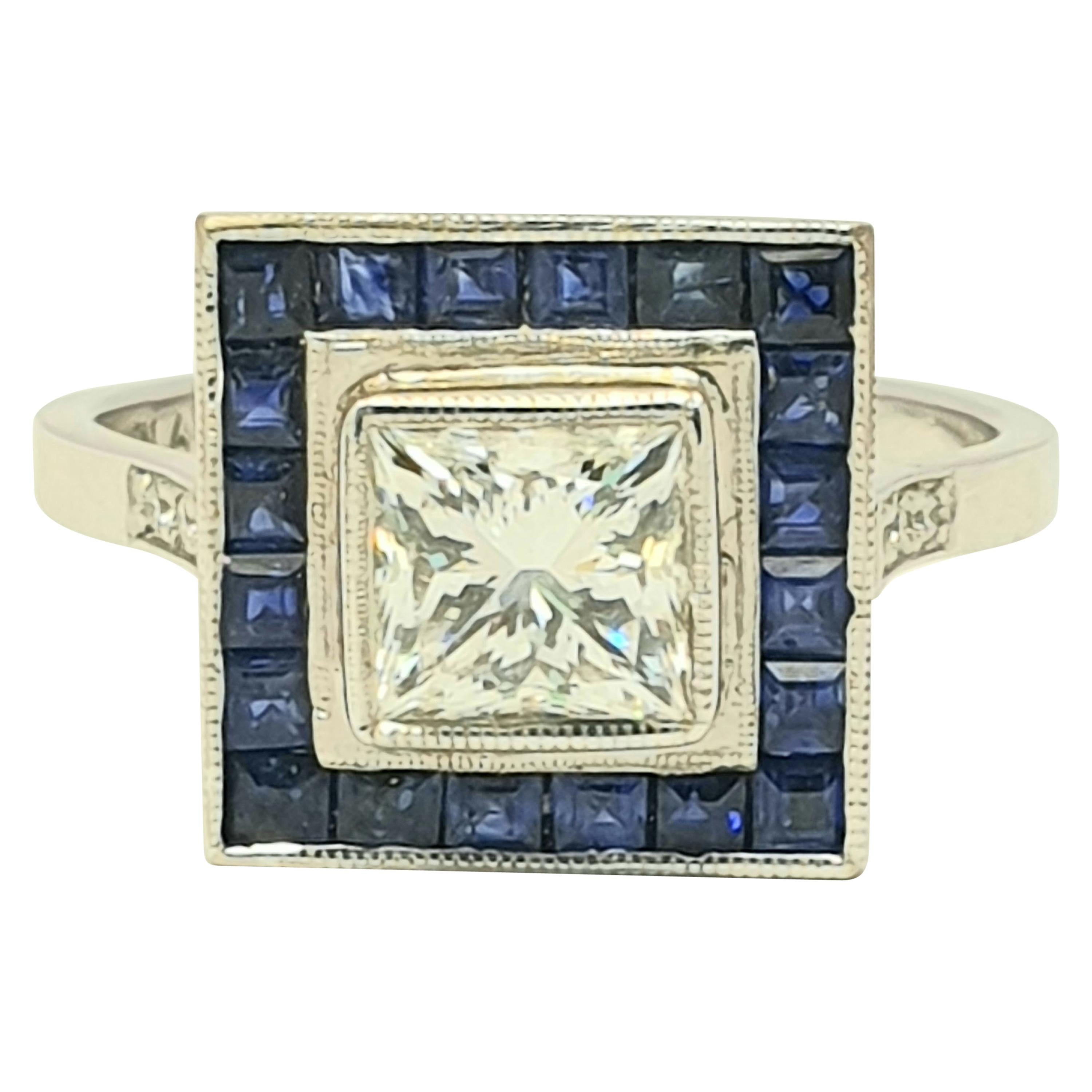 1 Carat Princess Cut Diamond Sapphire Bespoke Platinum Ring For Sale