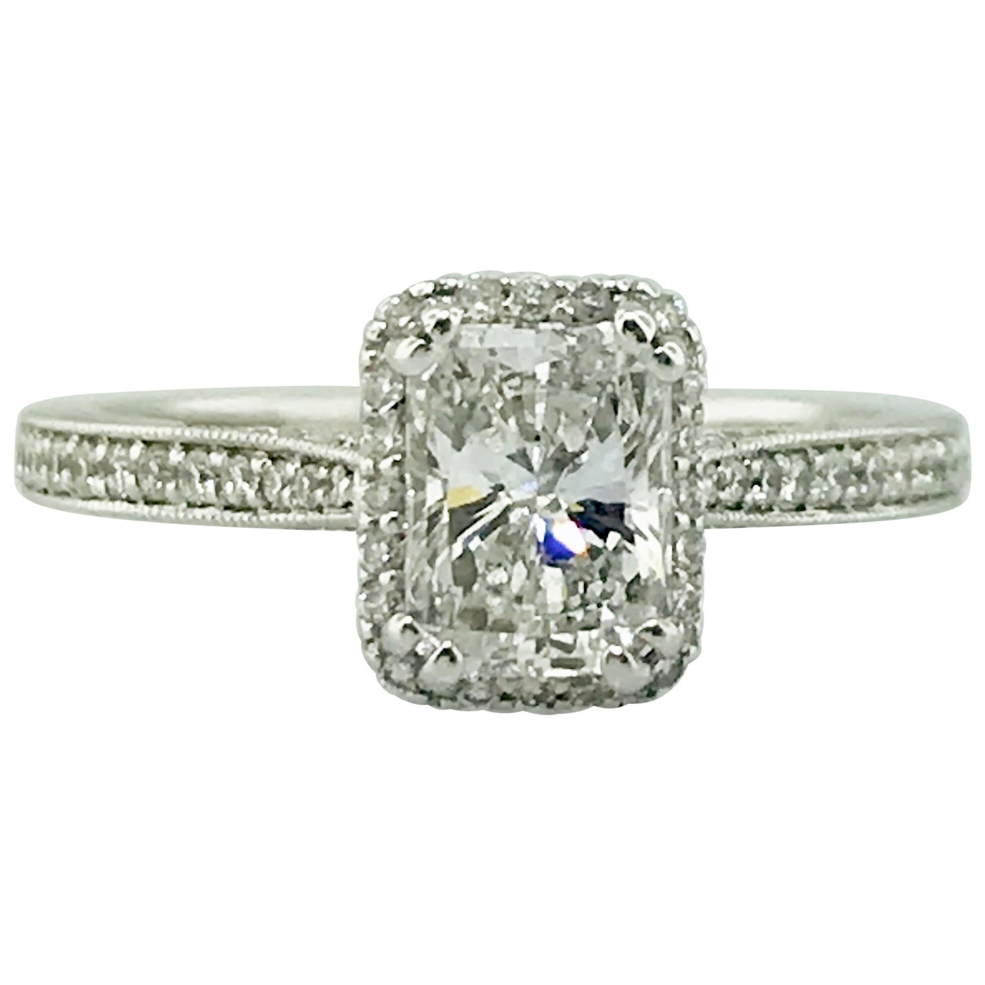 1.00 Carat Radiant Diamond Custom Diamond Halo Engagement Ring in 19K White Gold