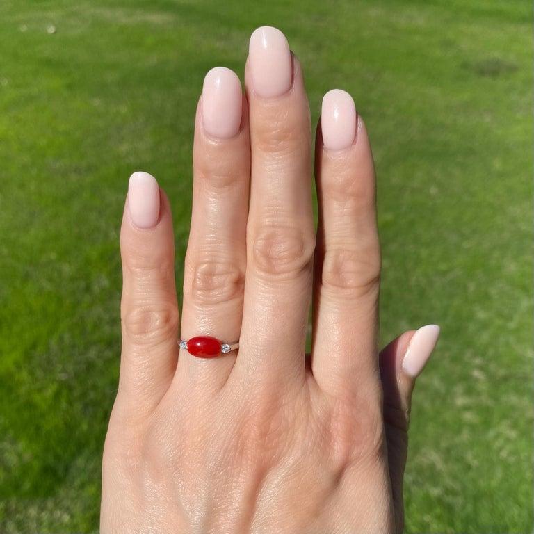 Contemporary 1 Carat Red Coral and Diamond 3-Stone Platinum Ring Estate Fine Jewelry