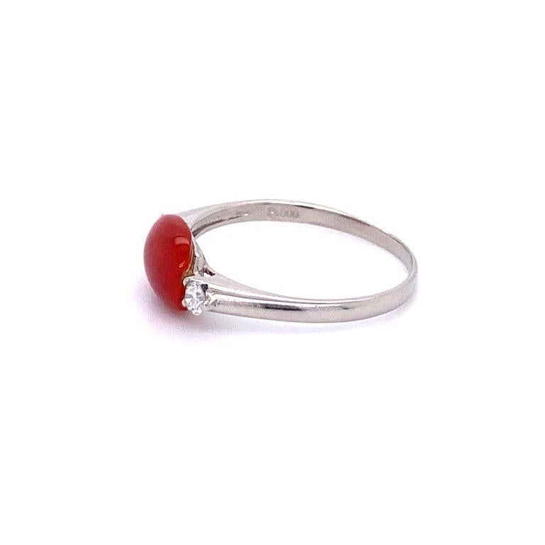 Mixed Cut 1 Carat Red Coral and Diamond 3-Stone Platinum Ring Estate Fine Jewelry