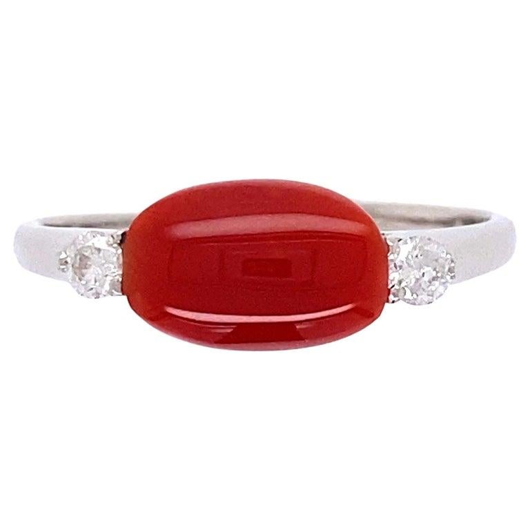 Women's 1 Carat Red Coral and Diamond 3-Stone Platinum Ring Estate Fine Jewelry