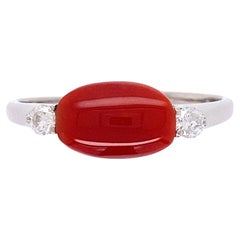 1 Karat Rote Koralle und Diamant 3-Stein Platin Ring Nachlass feiner Schmuck