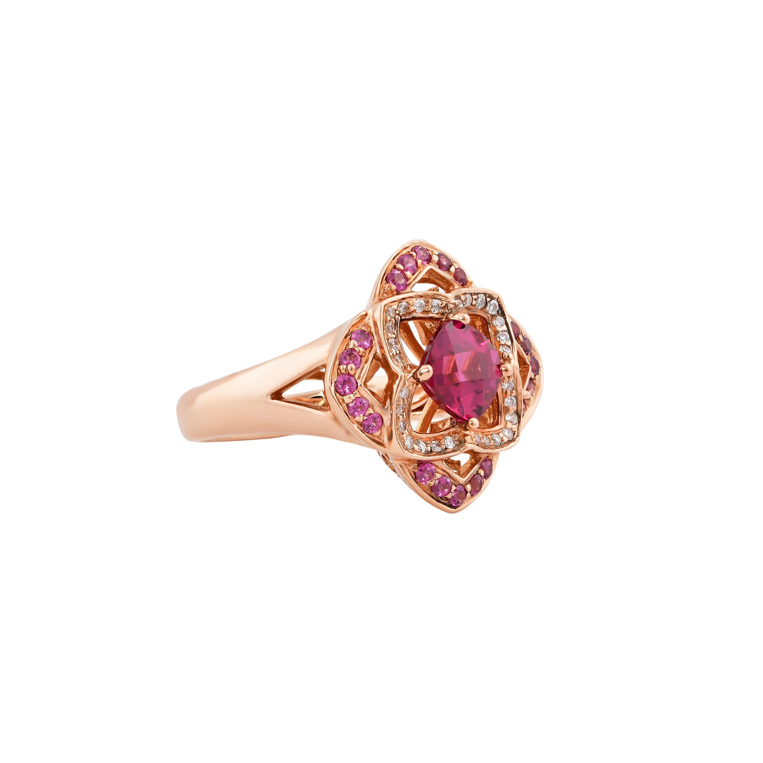 Glamorous Gemstones - Sunita Nahata started off her career as a gemstone trader, and this particular collection reflects her love for multi-colored semi-precious gemstones. This ring presents a radiant rhodolite center accented with pave rhodolites