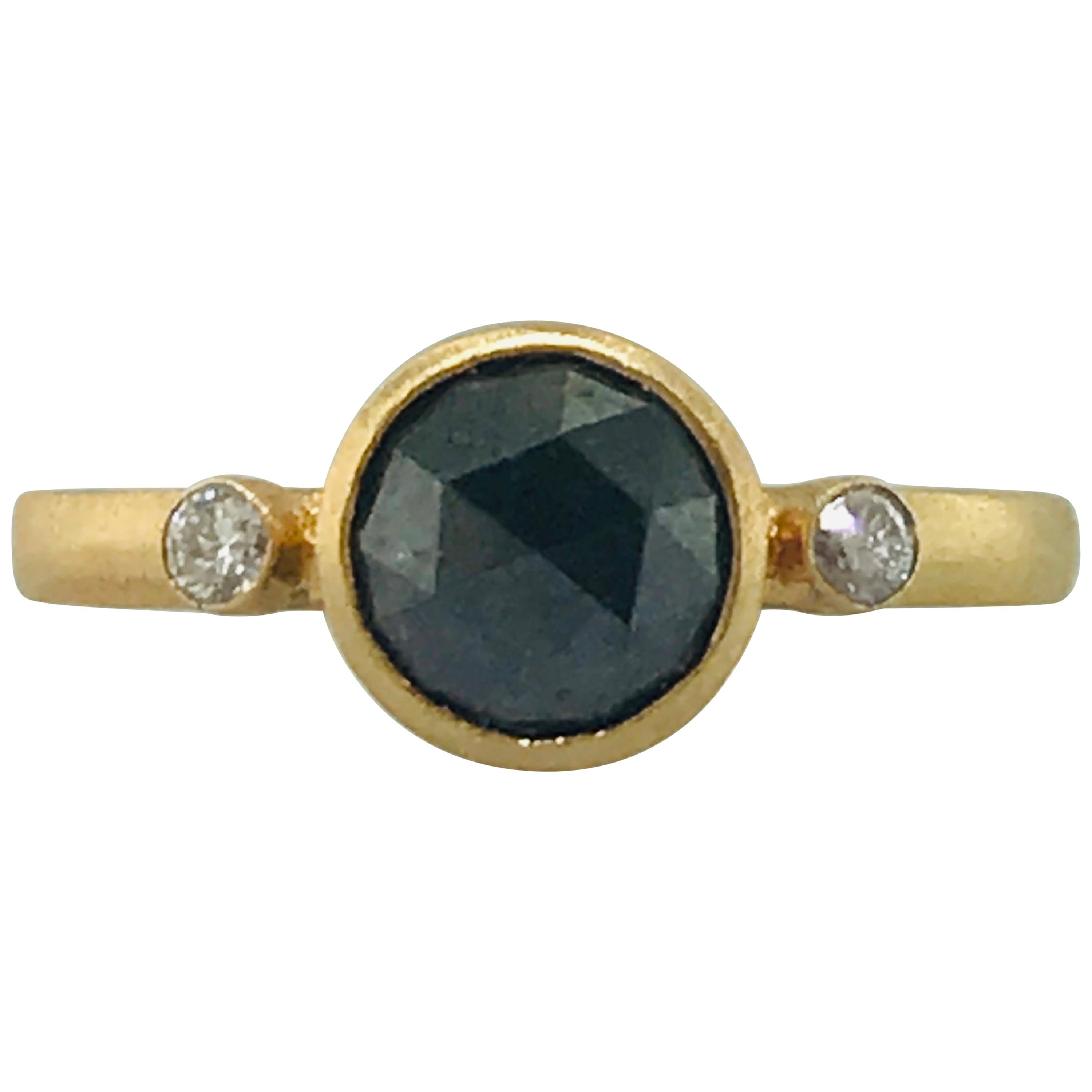 1 Carat Rose Cut Black Diamond and White Side Diamond Satin Custom Ring For Sale