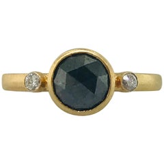 1 Carat Rose Cut Black Diamond and White Side Diamond Satin Custom Ring