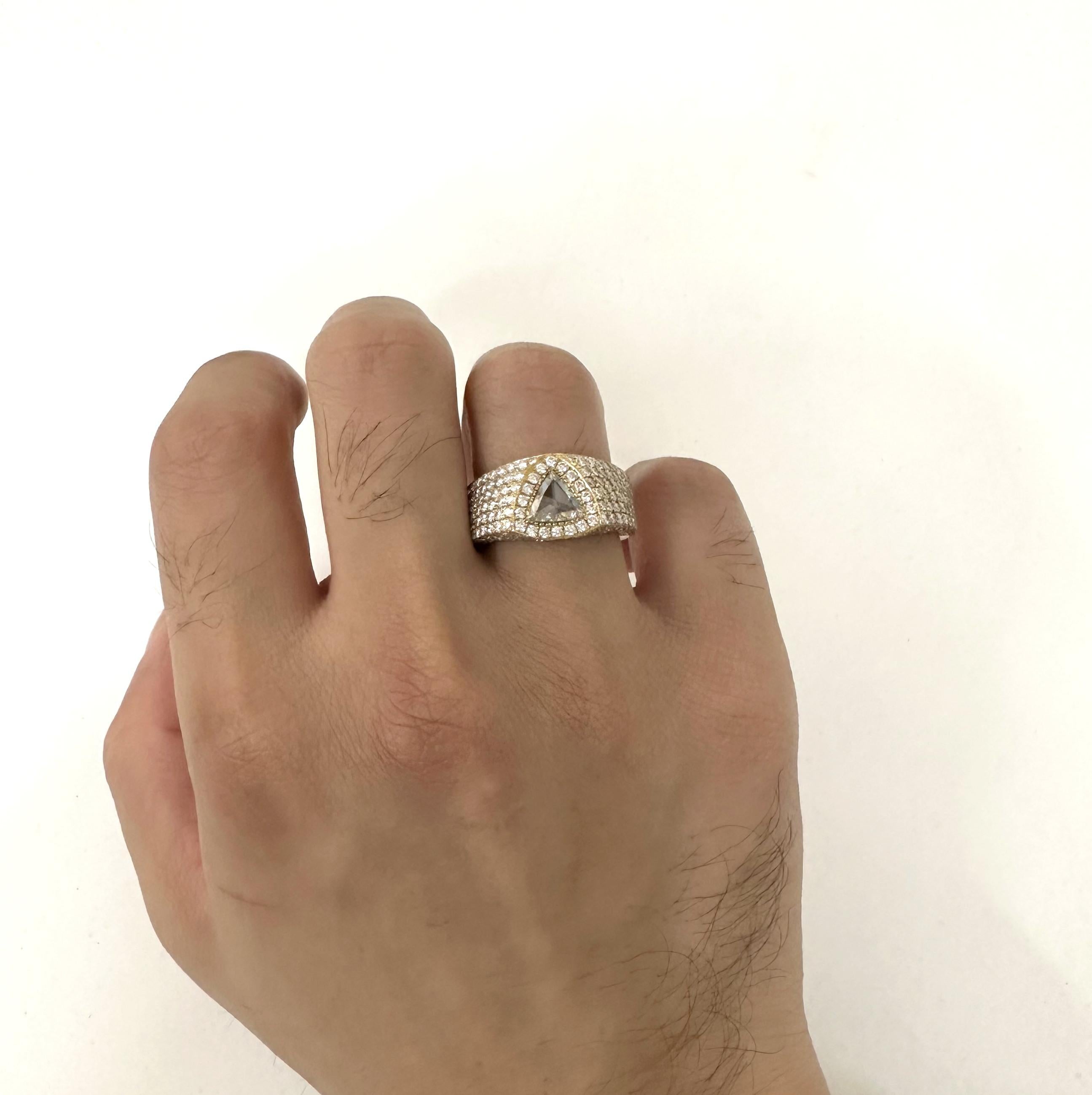Trillion Cut 1 Carat Rose Cut Trillion Diamond Iced Out Signet Ring for Men in 18k Solid Gold For Sale