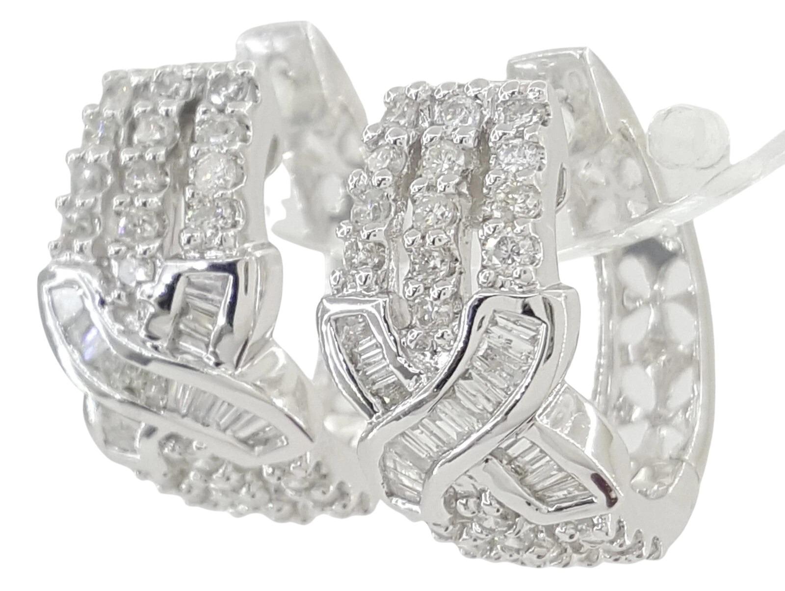1 Carat Round and Baguette Cut Diamond “X” Hoop Earrings in 18K White Gold In New Condition For Sale In Chicago, IL