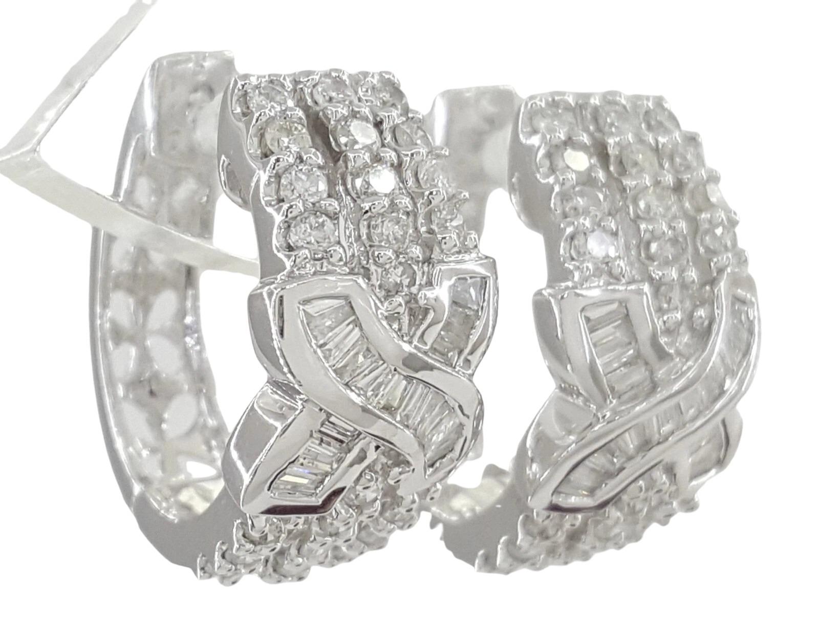 Women's or Men's 1 Carat Round and Baguette Cut Diamond “X” Hoop Earrings in 18K White Gold For Sale