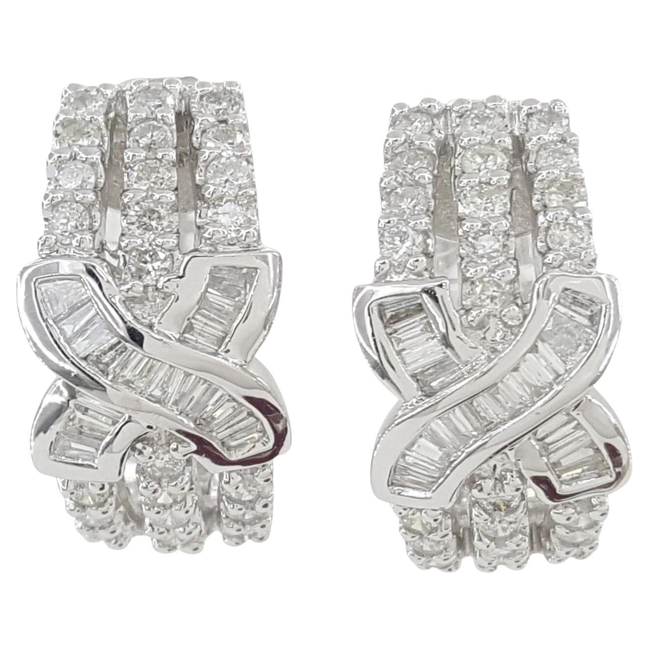1 Carat Round and Baguette Cut Diamond “X” Hoop Earrings in 18K White Gold