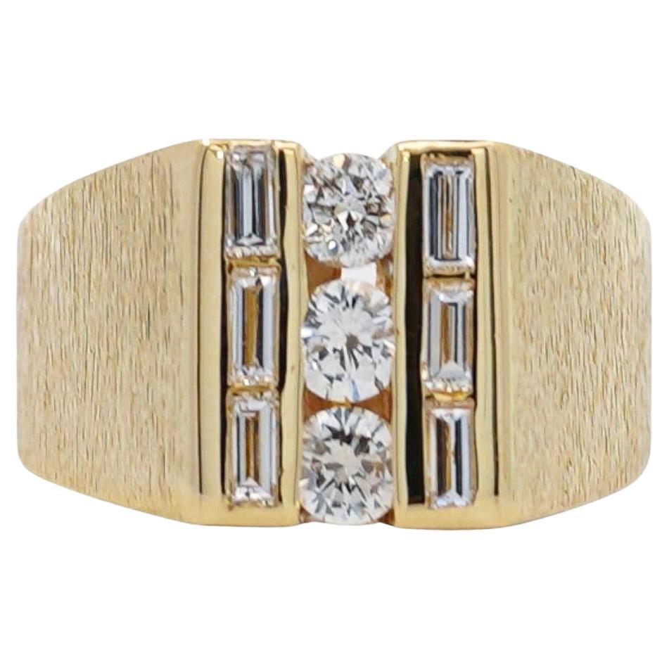 1 Carat Round & Baguette Cut Diamond & 18K Gold Matte Mens Ring