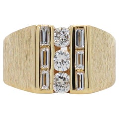 1 Carat Round & Baguette Cut Diamond & 18K Gold Matte Mens Ring
