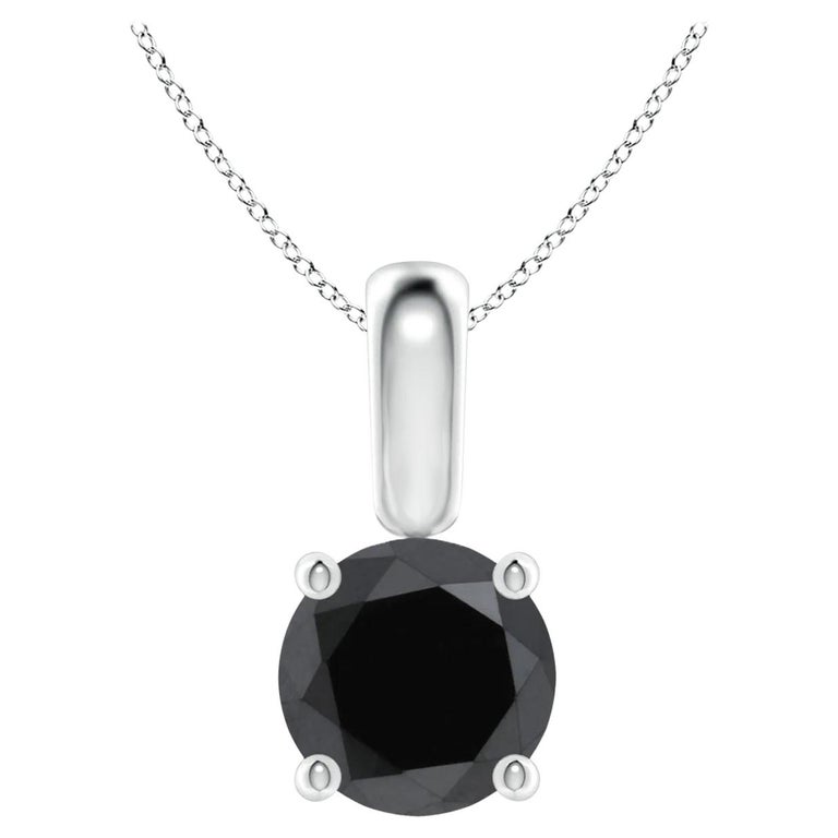 1 Carat Round Black Diamond Solitaire Pendant Necklace in 14K White Gold For Sale
