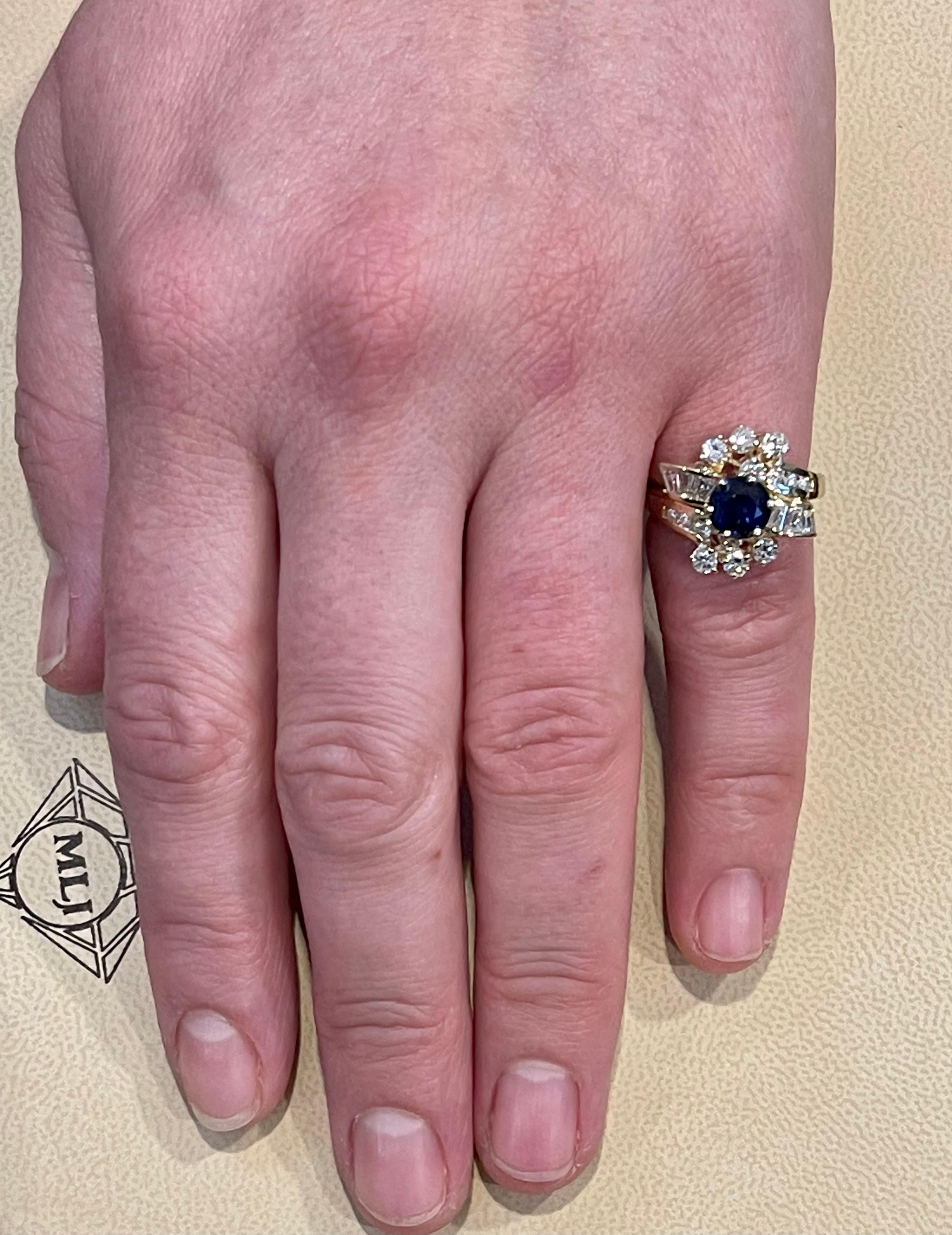 1 Carat Round Blue Sapphire & 1.65 Carat Diamond Cocktail Ring in 14 Karat Gold For Sale 7