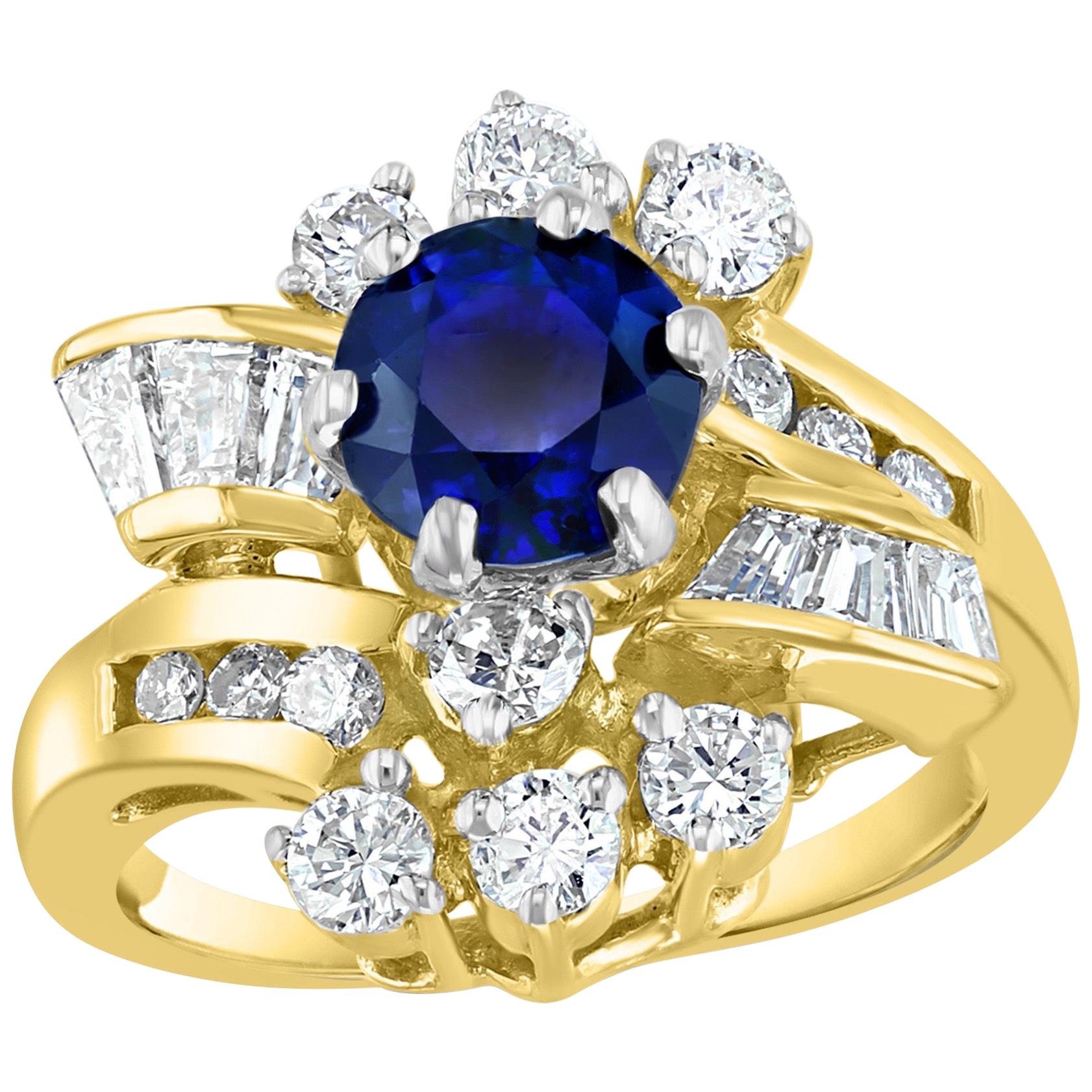 Bague cocktail en or 14 carats avec saphir bleu rond de 1 carat et diamants de 1,65 carat