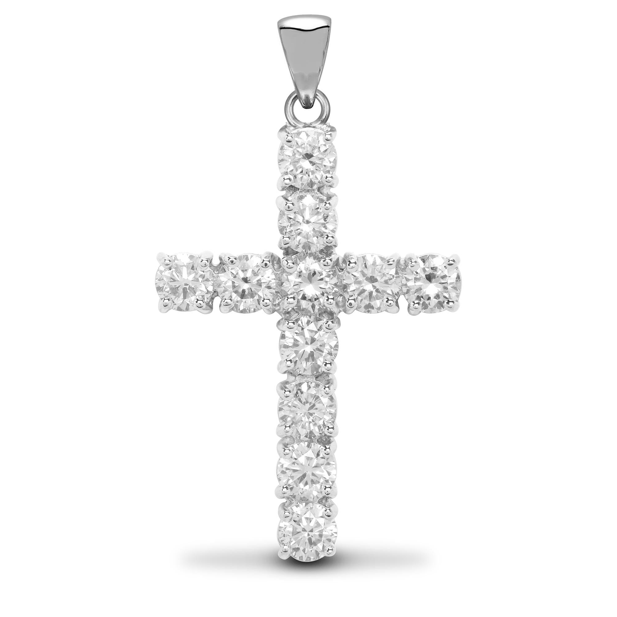 An elegant classic solitaire set diamond cross pendant, an ideal and timeless pendant, a must have addition to any jewellery collection. Skilfully hand crafted 18 karat white gold set with 11 natural white round brilliant cut diamonds color G and