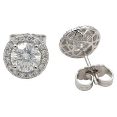 1 Carat Round Brilliant Cut Diamond Halo Stud Earrings in 14k White Gold