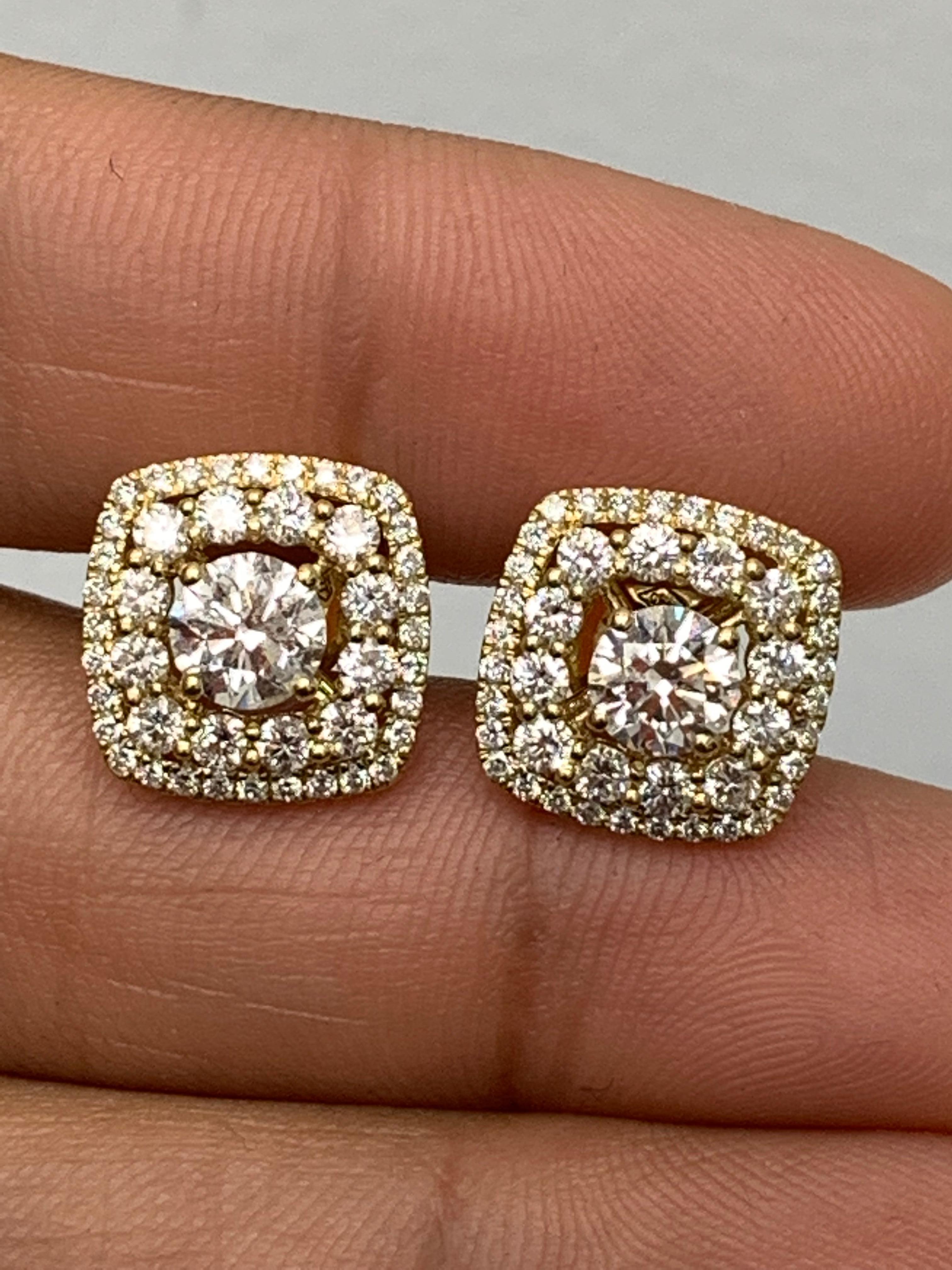 Taille ronde 1 carat  Boucles d'oreilles en or jaune 18K avec diamants en vente 5