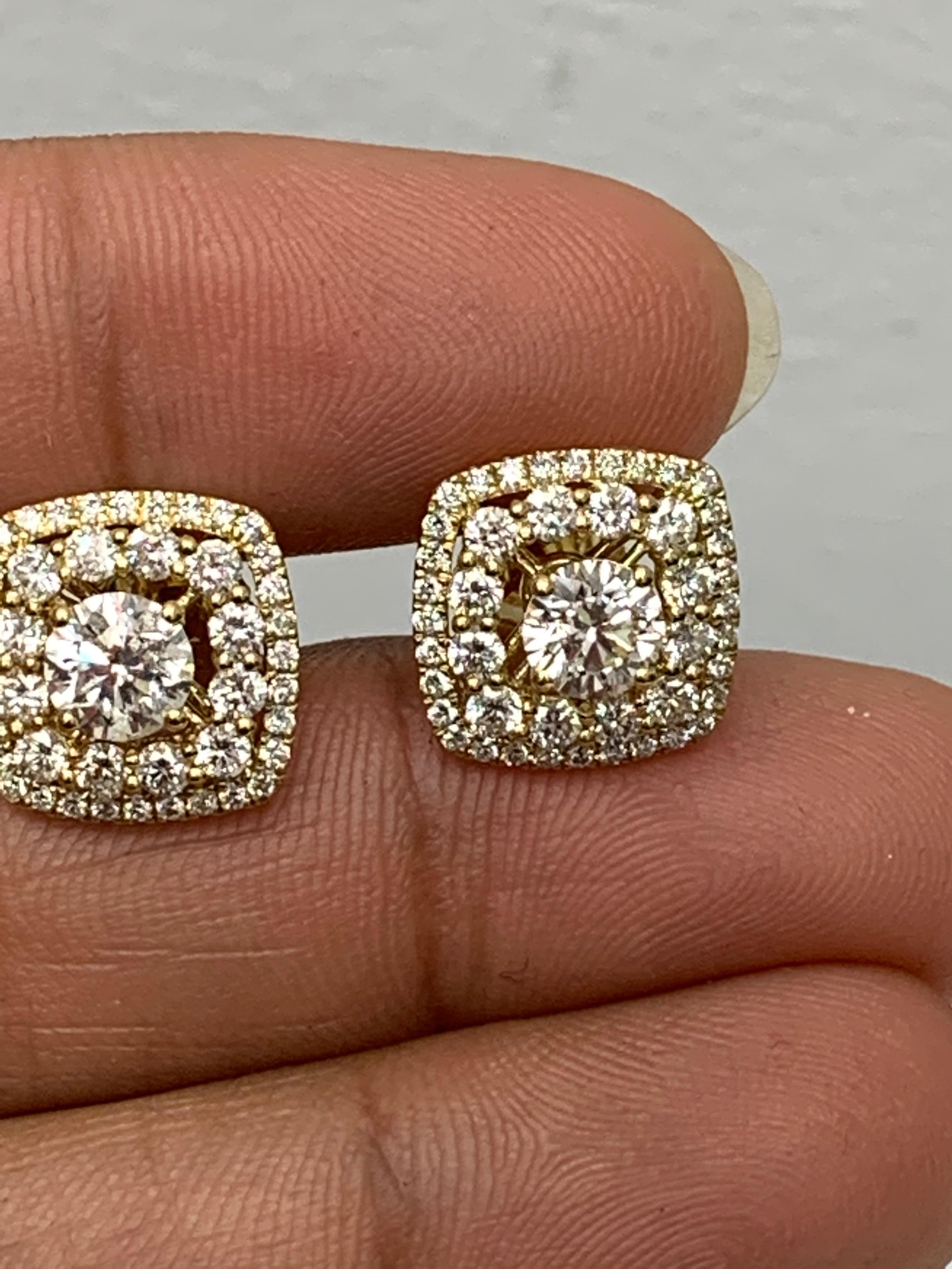Taille ronde 1 carat  Boucles d'oreilles en or jaune 18K avec diamants en vente 1