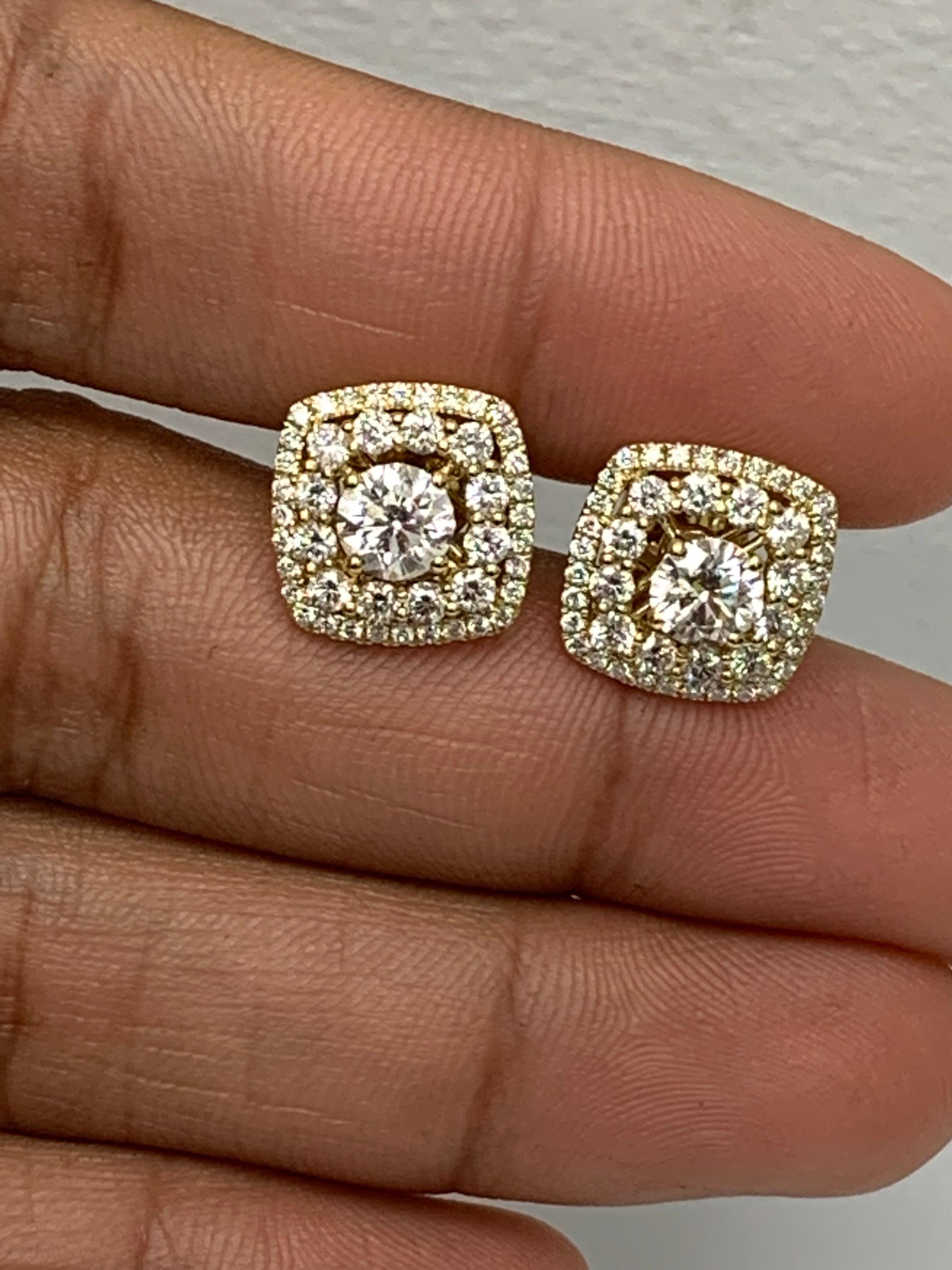 Taille ronde 1 carat  Boucles d'oreilles en or jaune 18K avec diamants en vente 2