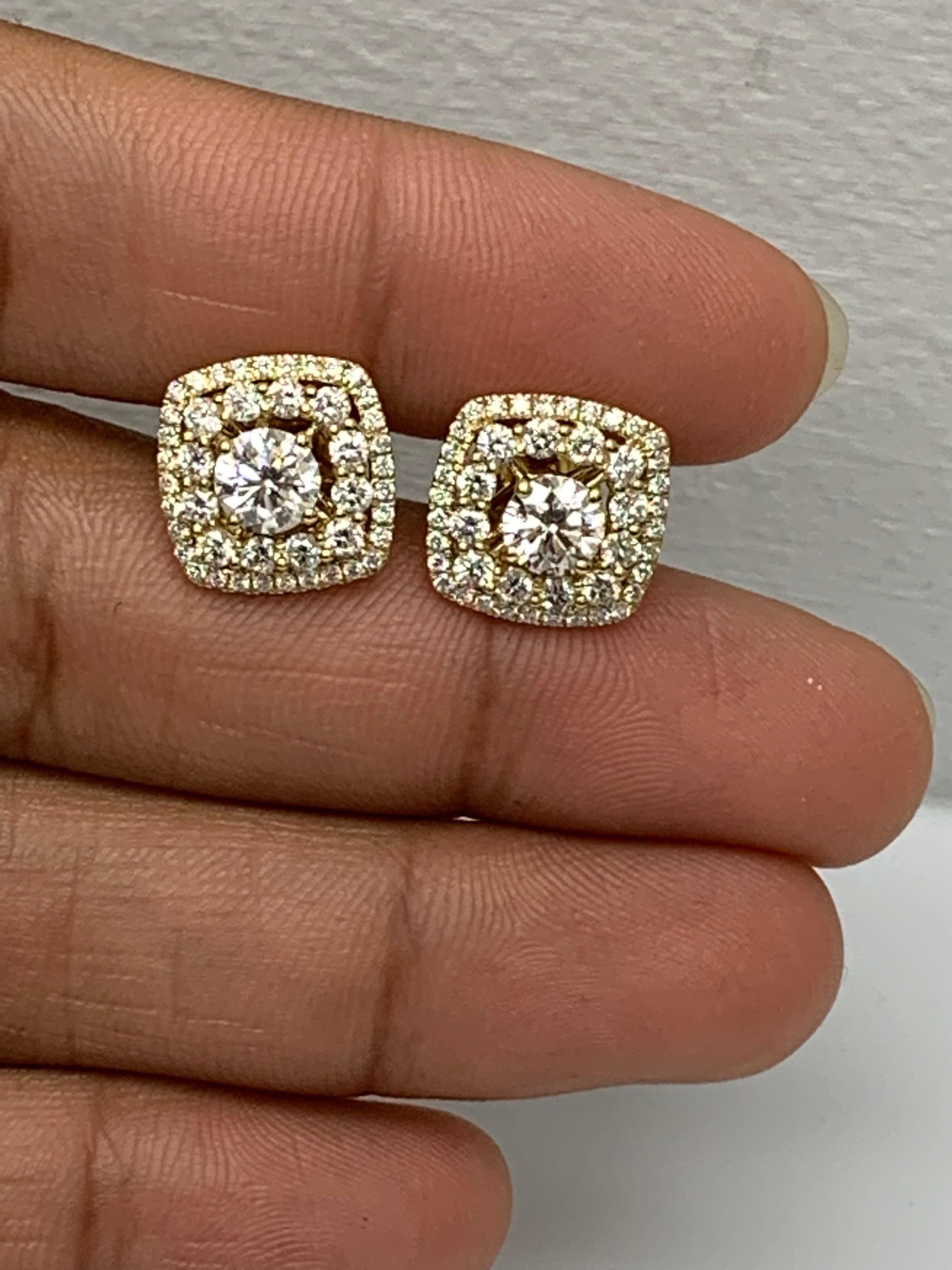 Taille ronde 1 carat  Boucles d'oreilles en or jaune 18K avec diamants en vente 3