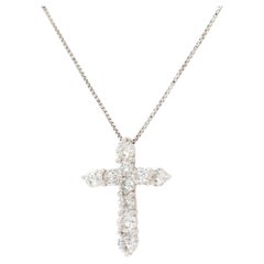 Collier pendentif croix en platine avec petit diamant rond de 1 carat, en stock