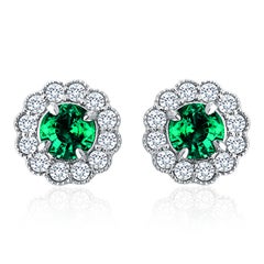 1 Carat Round Emerald Stud Earrings in 0.55 ct Diamond Halo in 18k Gold ref444