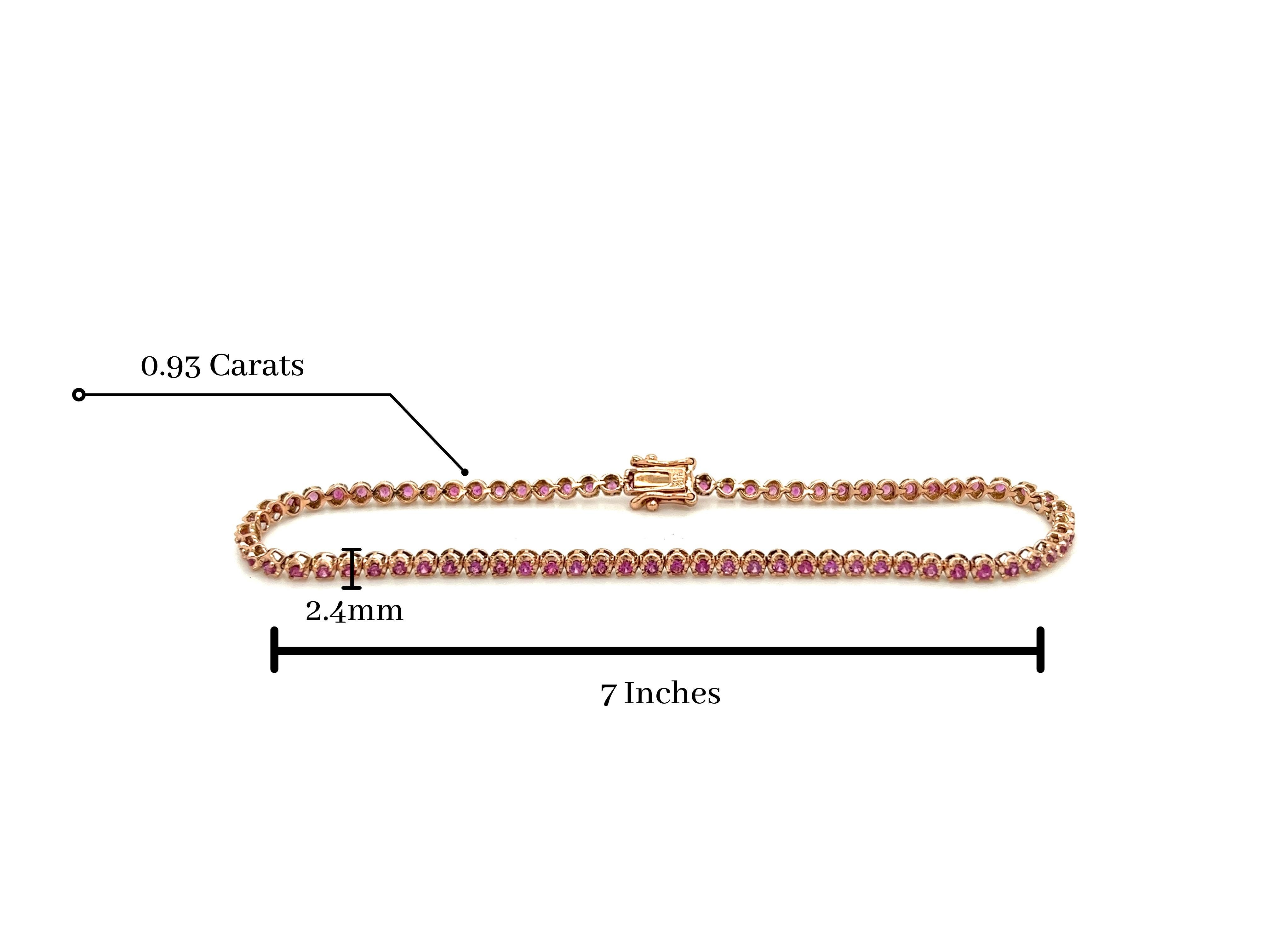 1 Carat Prong Set Round Cut Pink Sapphire Tennis Bracelet in 14Kt Rose Gold In New Condition For Sale In Miami, FL