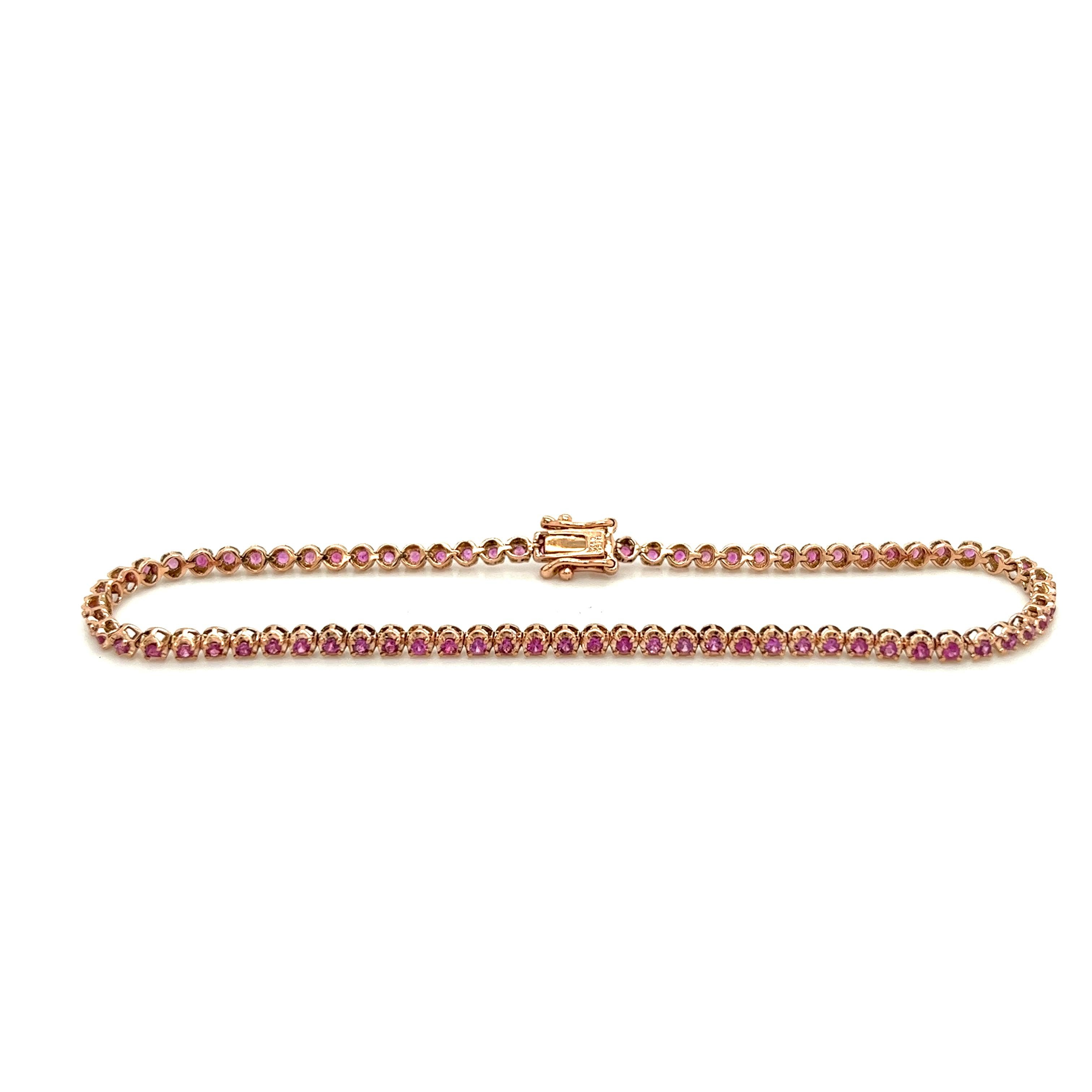 Women's 1 Carat Prong Set Round Cut Pink Sapphire Tennis Bracelet in 14Kt Rose Gold For Sale