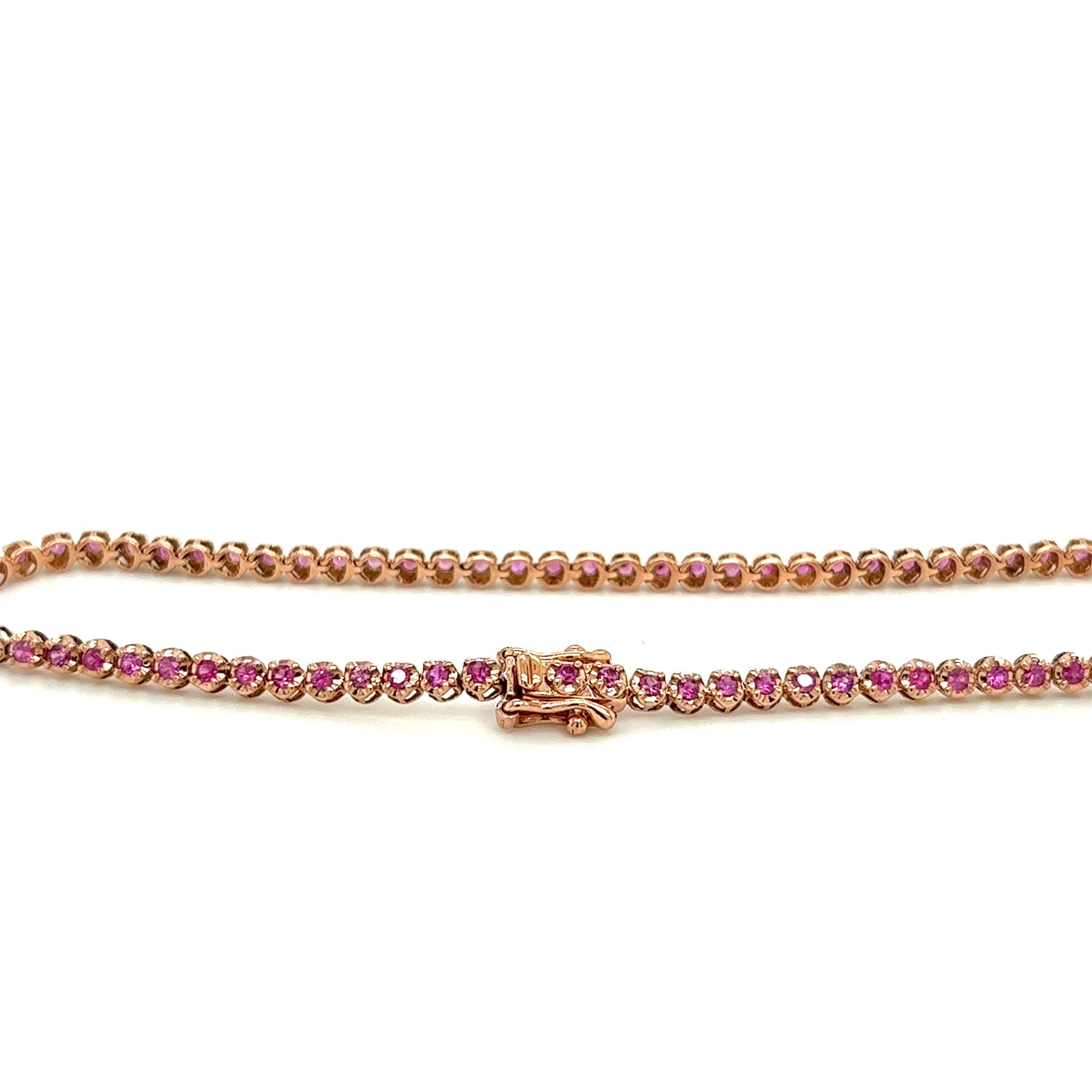 1 Carat Prong Set Round Cut Pink Sapphire Tennis Bracelet in 14Kt Rose Gold For Sale 1