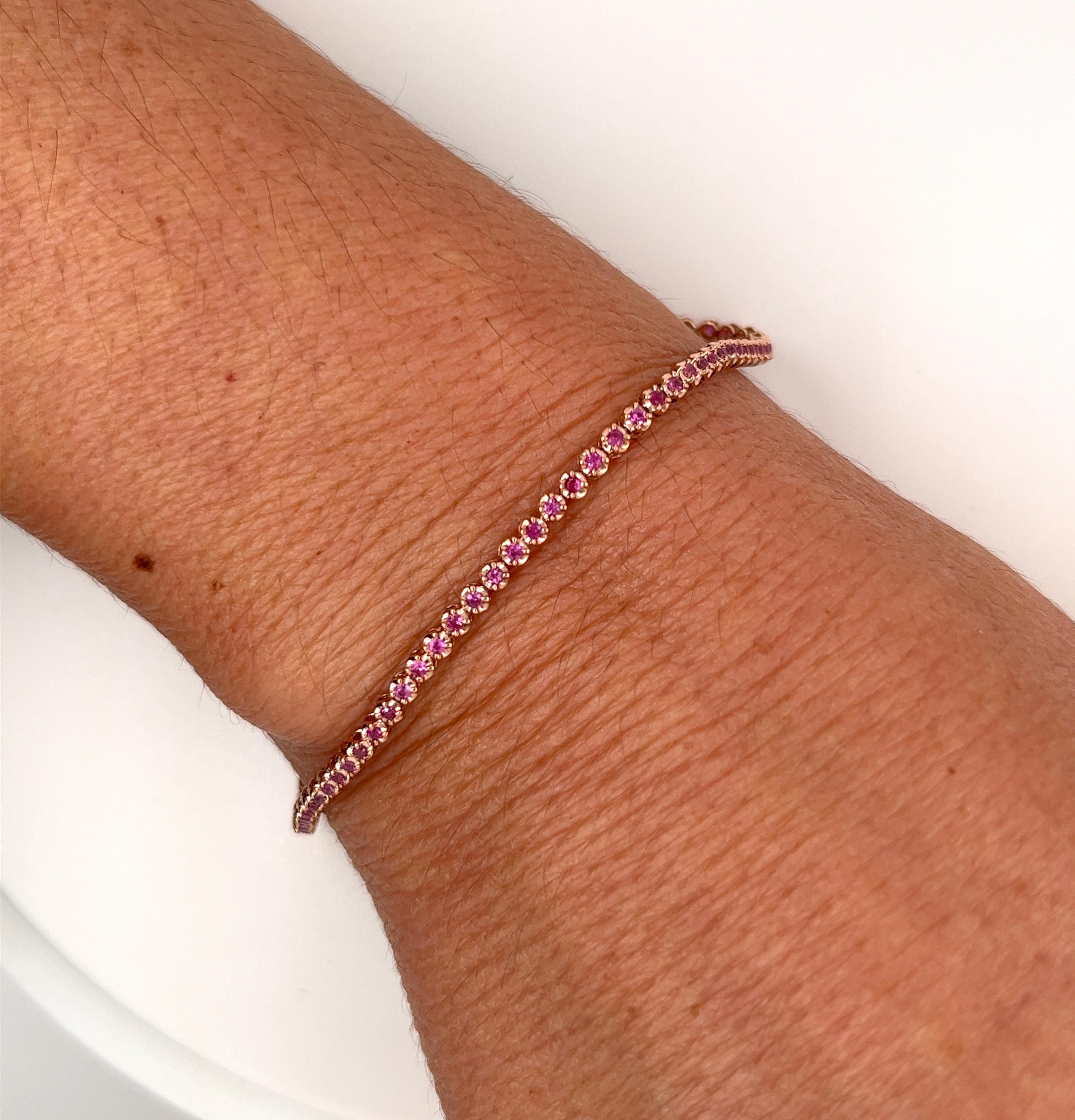 1 Carat Prong Set Round Cut Pink Sapphire Tennis Bracelet in 14Kt Rose Gold For Sale 4