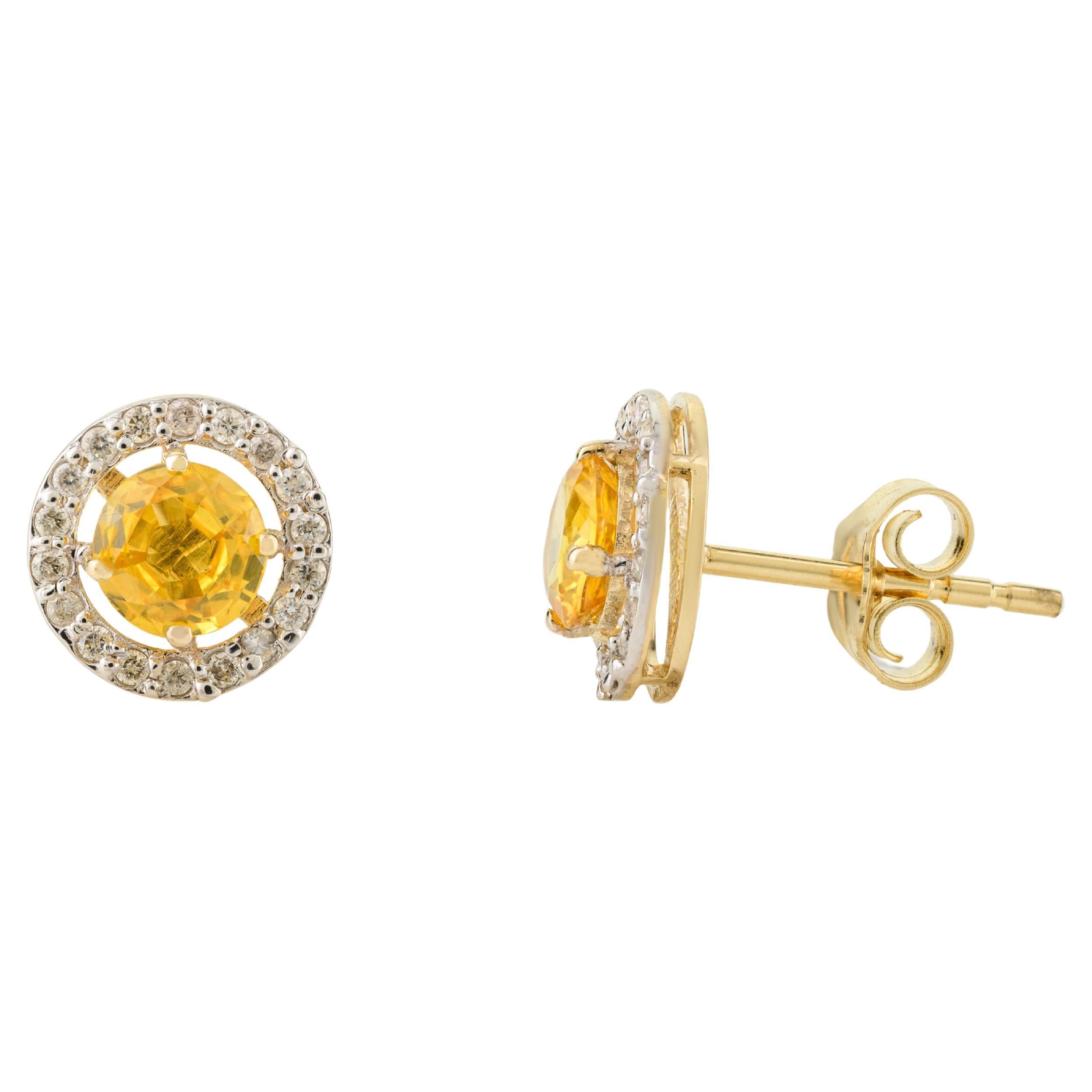 Clous d'oreilles en or jaune 14 carats avec saphir jaune rond de 1 carat et halo de diamants