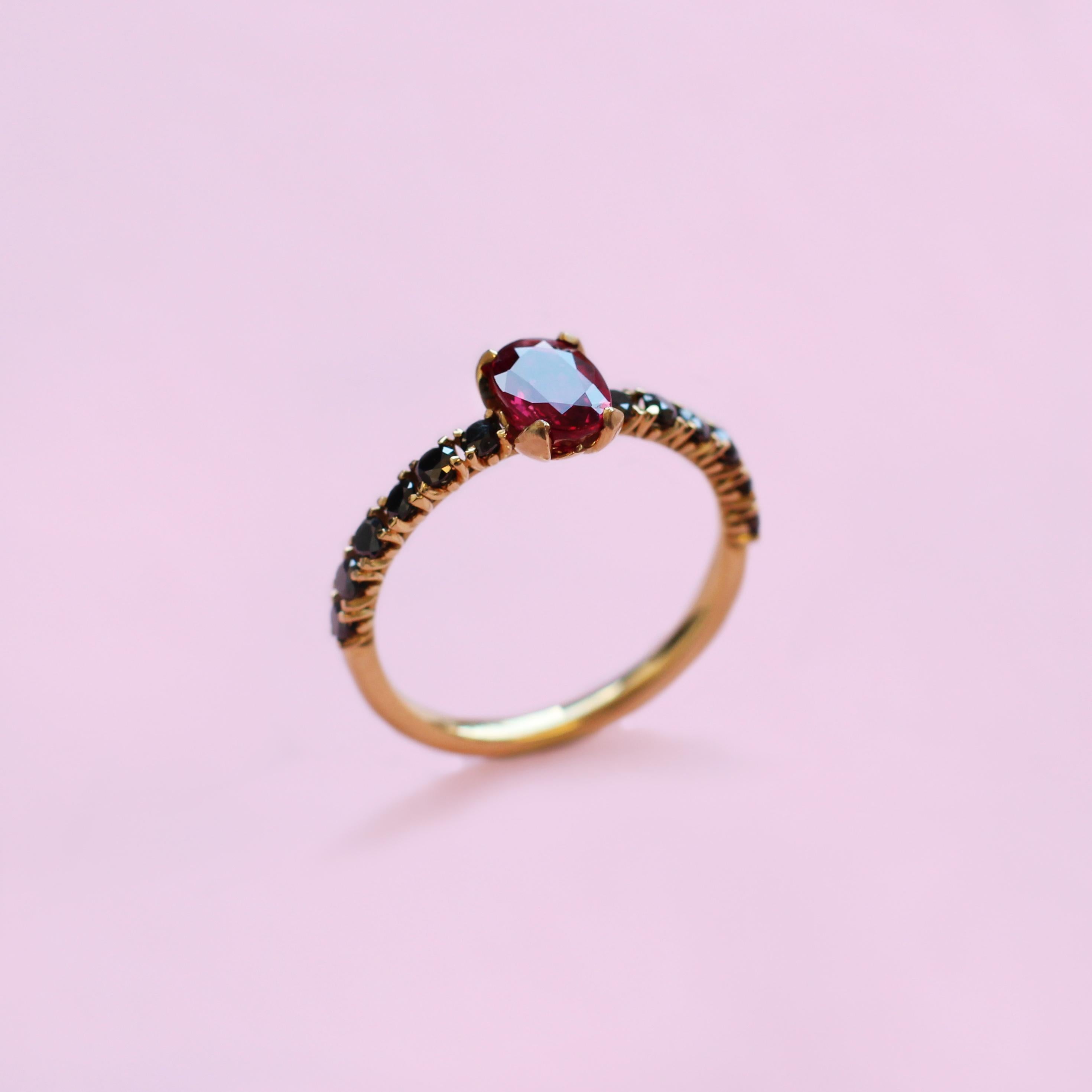 For Sale:  1 Carat Ruby and Black Diamonds Solitaire Ring Set in 18 Karat Yellow Gold 3