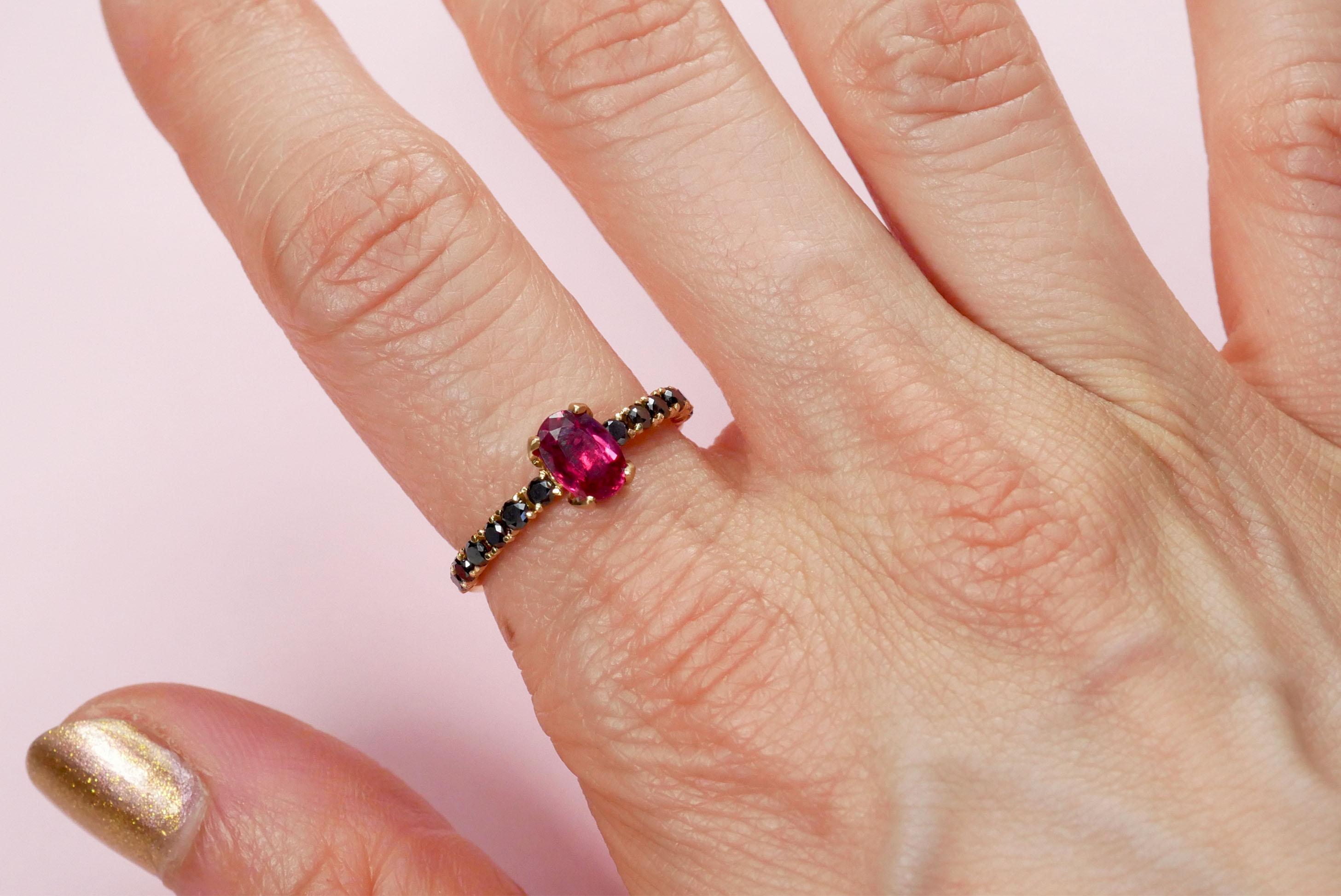 For Sale:  1 Carat Ruby and Black Diamonds Solitaire Ring Set in 18 Karat Yellow Gold 2