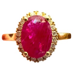 1 Carat Ruby Pompadour Engagement Ring in 18K Yellow Gold with Diamond Halo
