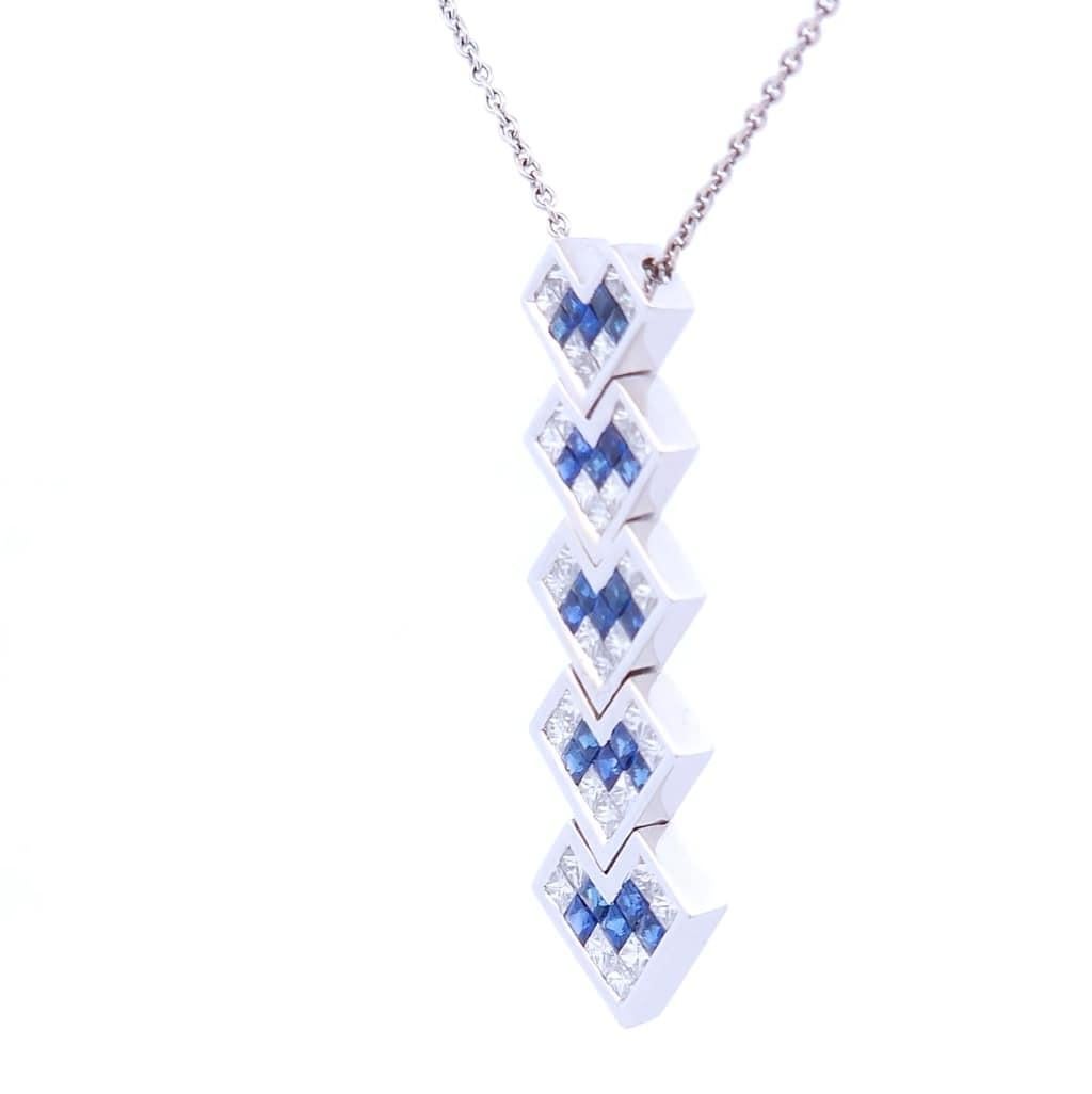Square Cut 1 Carat Sapphire Necklace in 18K White Gold For Sale