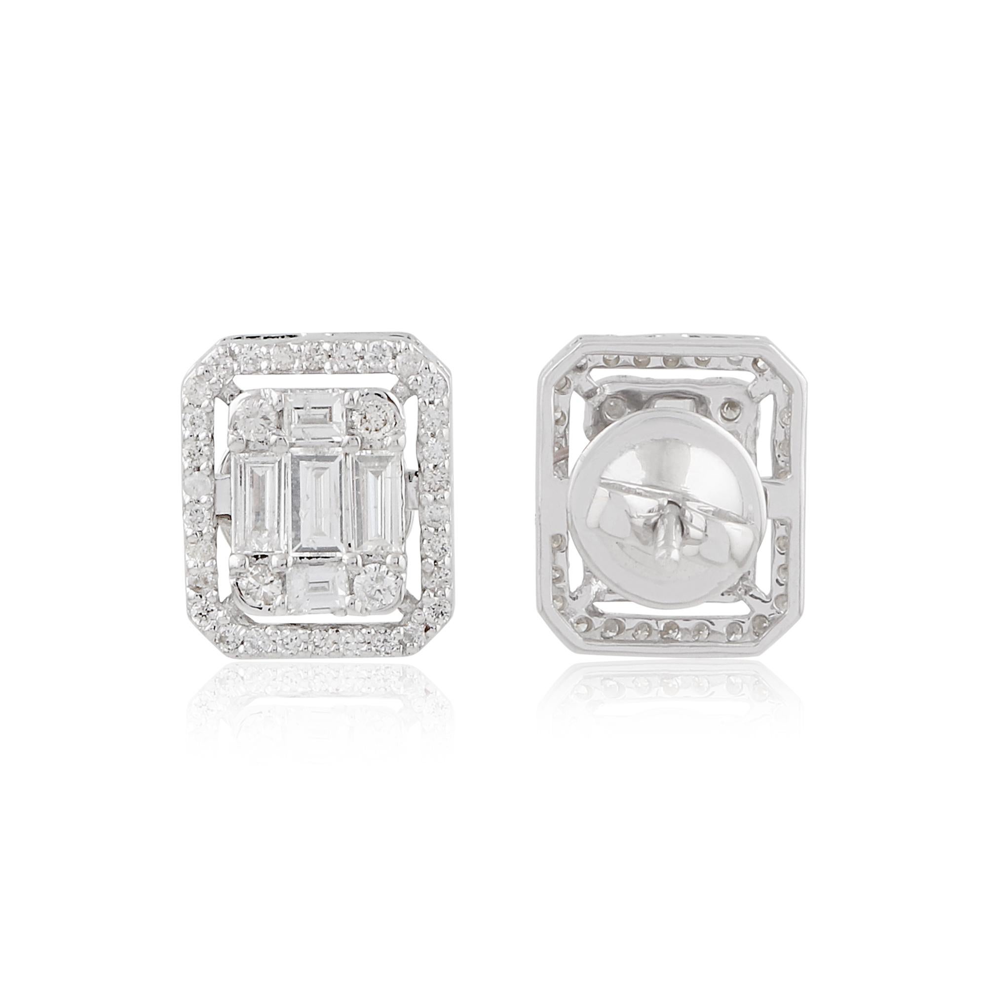 Elevate your style with these exquisite 1 Carat SI Clarity HI Color Baguette Diamond Fine Stud Earrings, meticulously crafted in lustrous 14 Karat White Gold. These stunning earrings are a celebration of sophistication and elegance, destined to