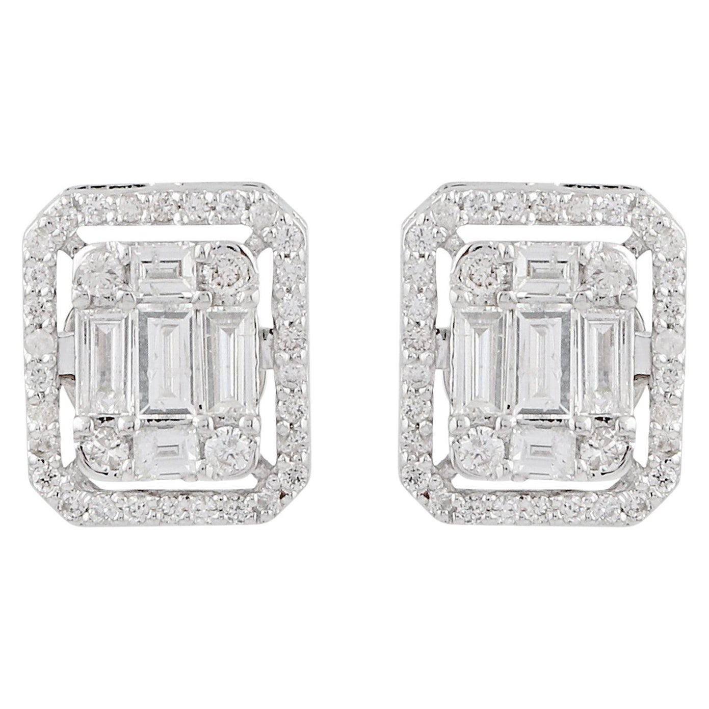 1 Carat Si Clarity Hi Color Baguette Diamond Fine Stud Earrings 14k White Gold For Sale