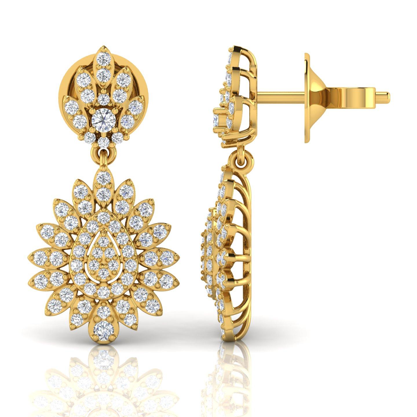 Round Cut 1 Carat SI Clarity HI Color Diamond Dangle Earrings 18 Karat Yellow Gold Jewelry For Sale