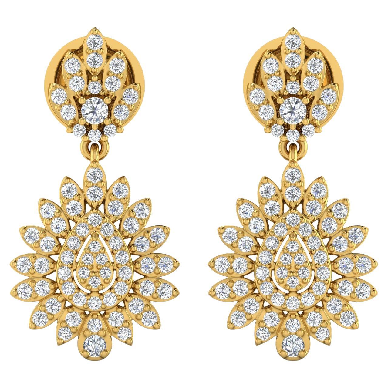 1 Carat SI Clarity HI Color Diamond Dangle Earrings 18 Karat Yellow Gold Jewelry For Sale