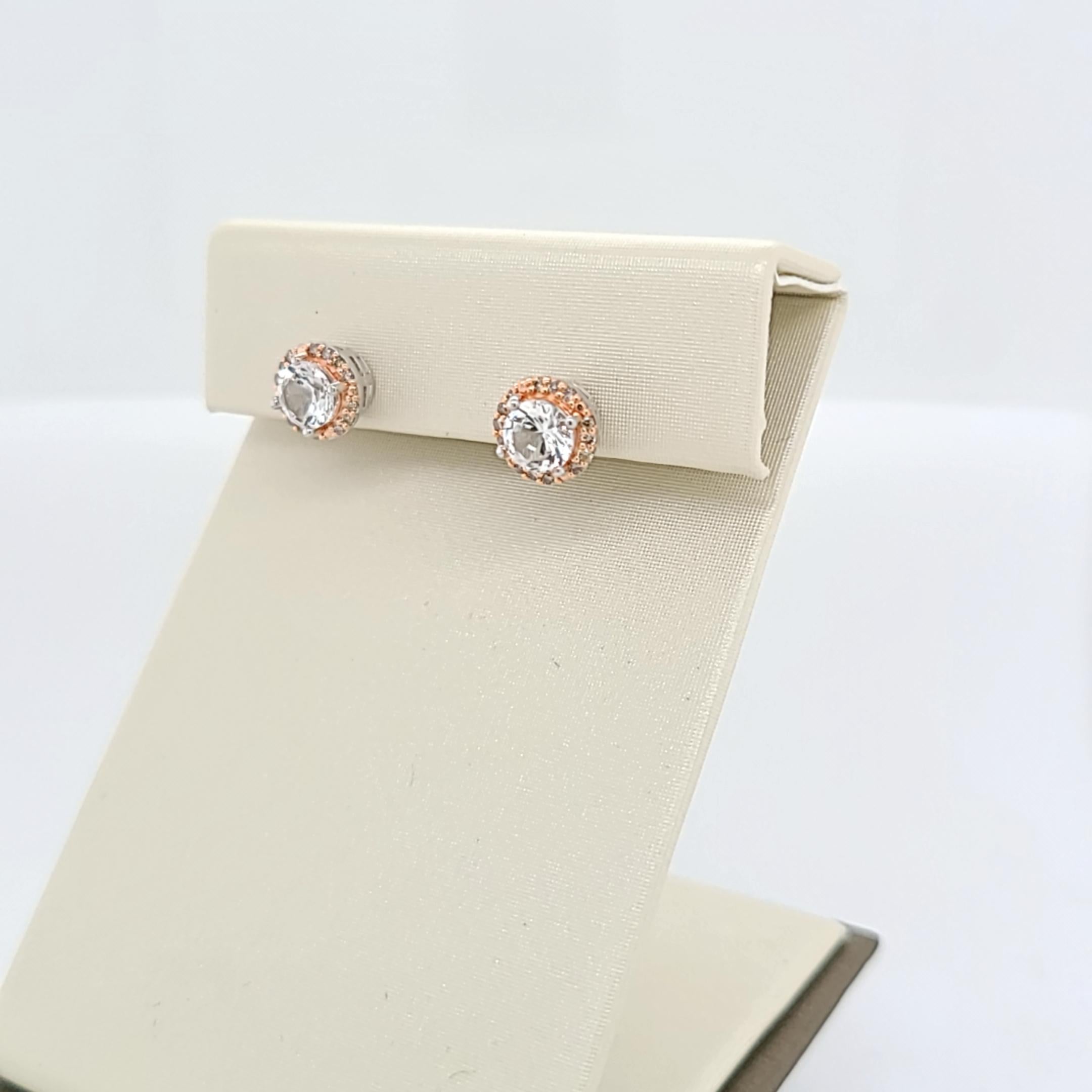 1 Carat Sized White Sapphire and Brown Diamond Halo Stud Earrings For ...