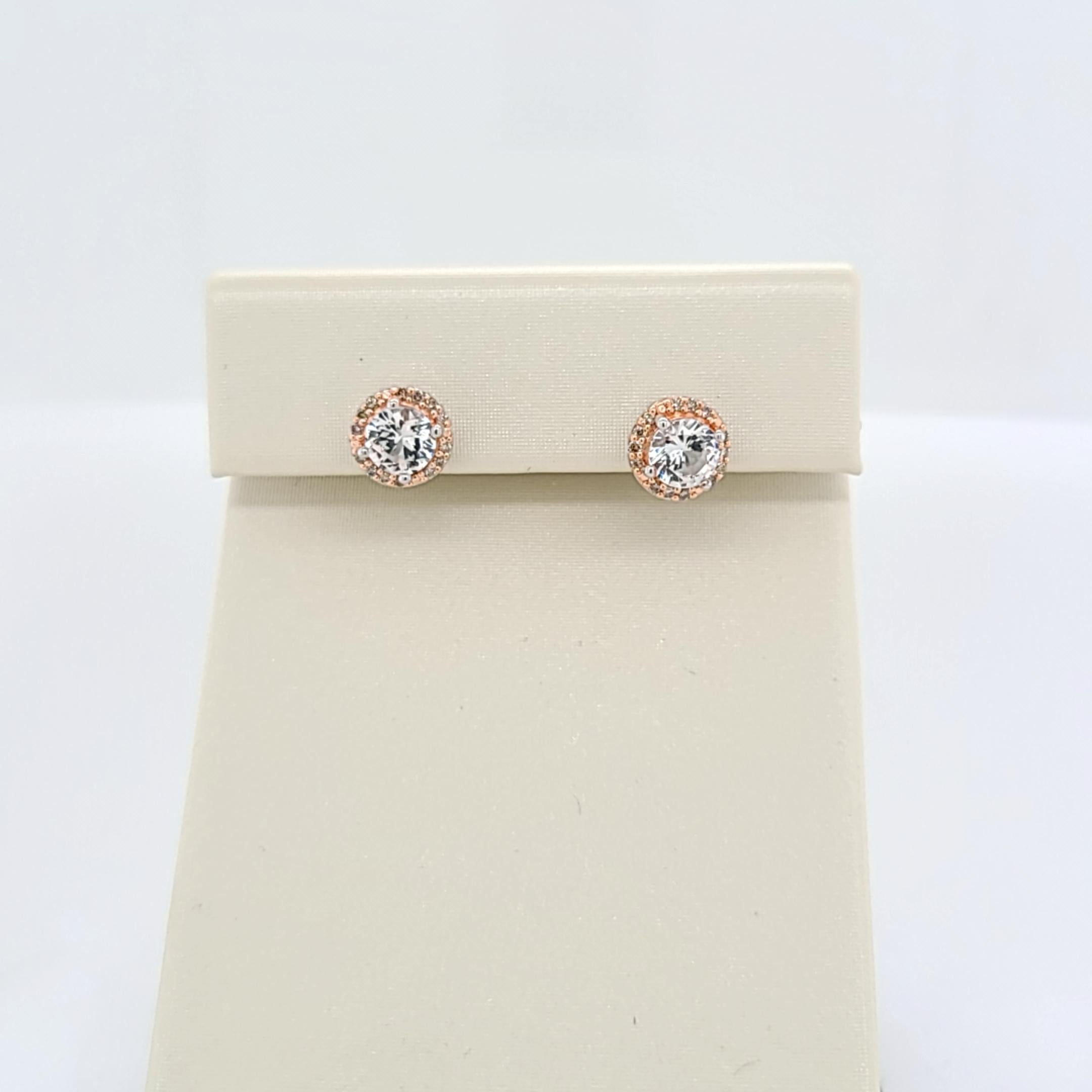 Modern 1 Carat Sized White Sapphire and Brown Diamond Halo Stud Earrings For Sale