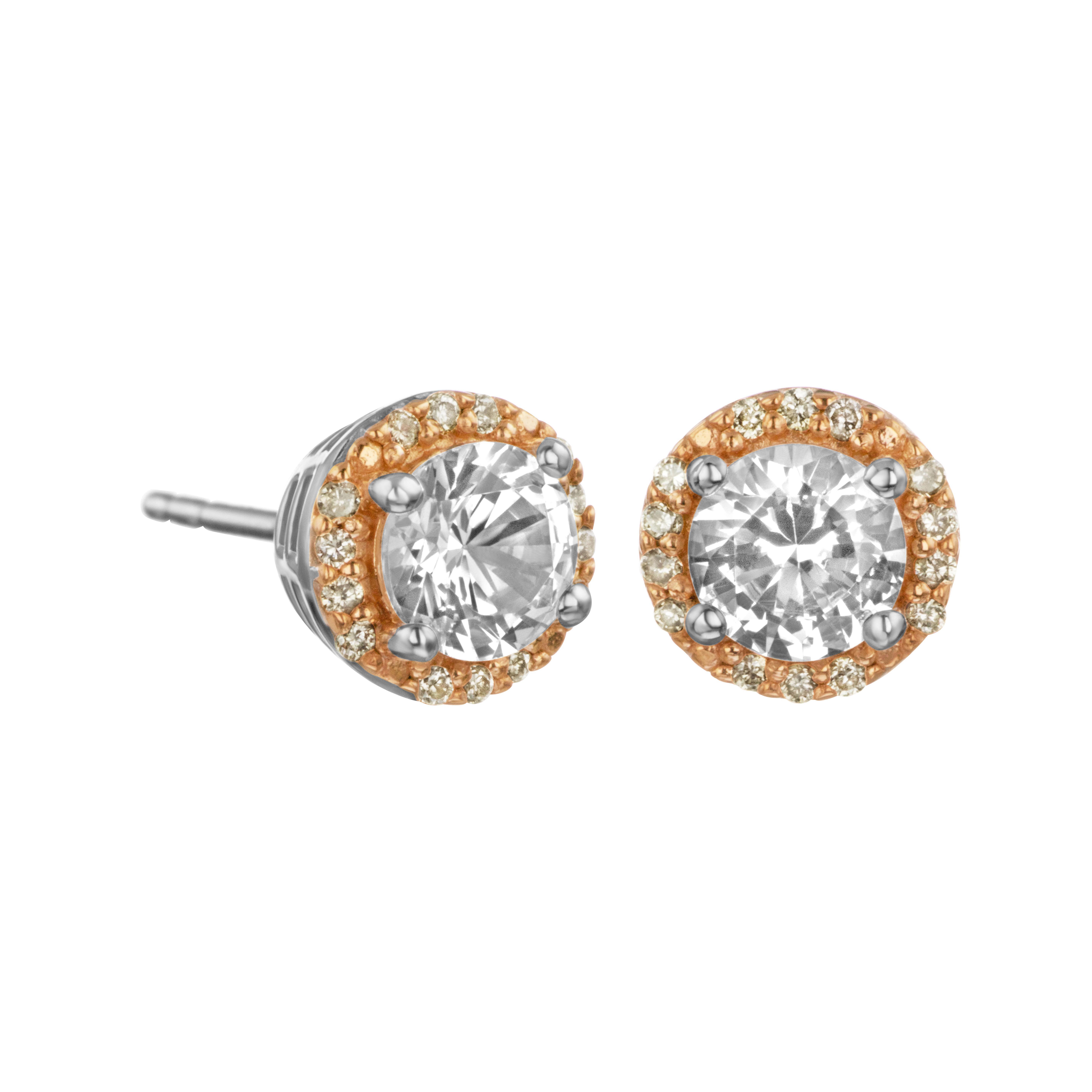 Round Cut 1 Carat Sized White Sapphire and Brown Diamond Halo Stud Earrings For Sale