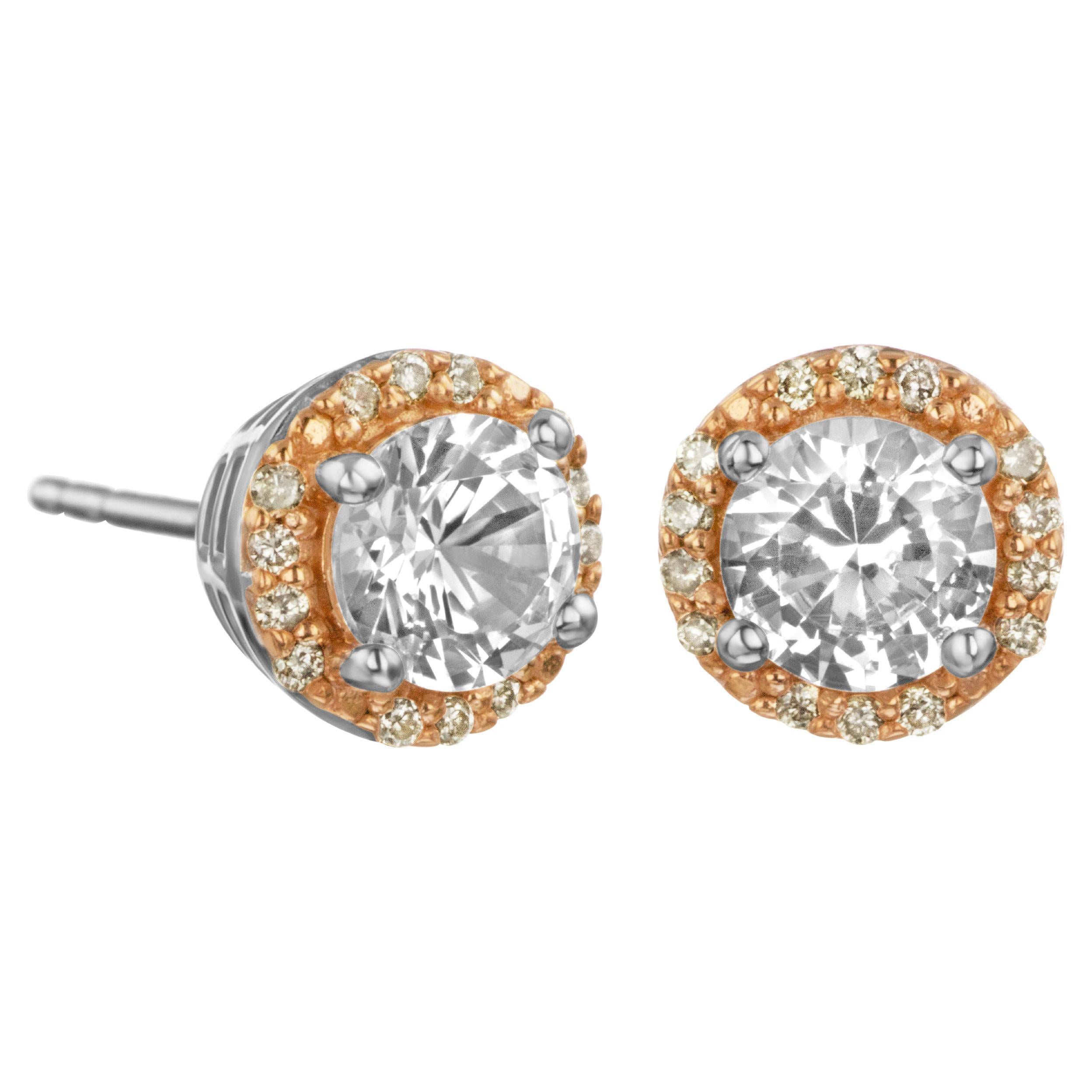 1 Carat Sized White Sapphire and Brown Diamond Halo Stud Earrings For Sale